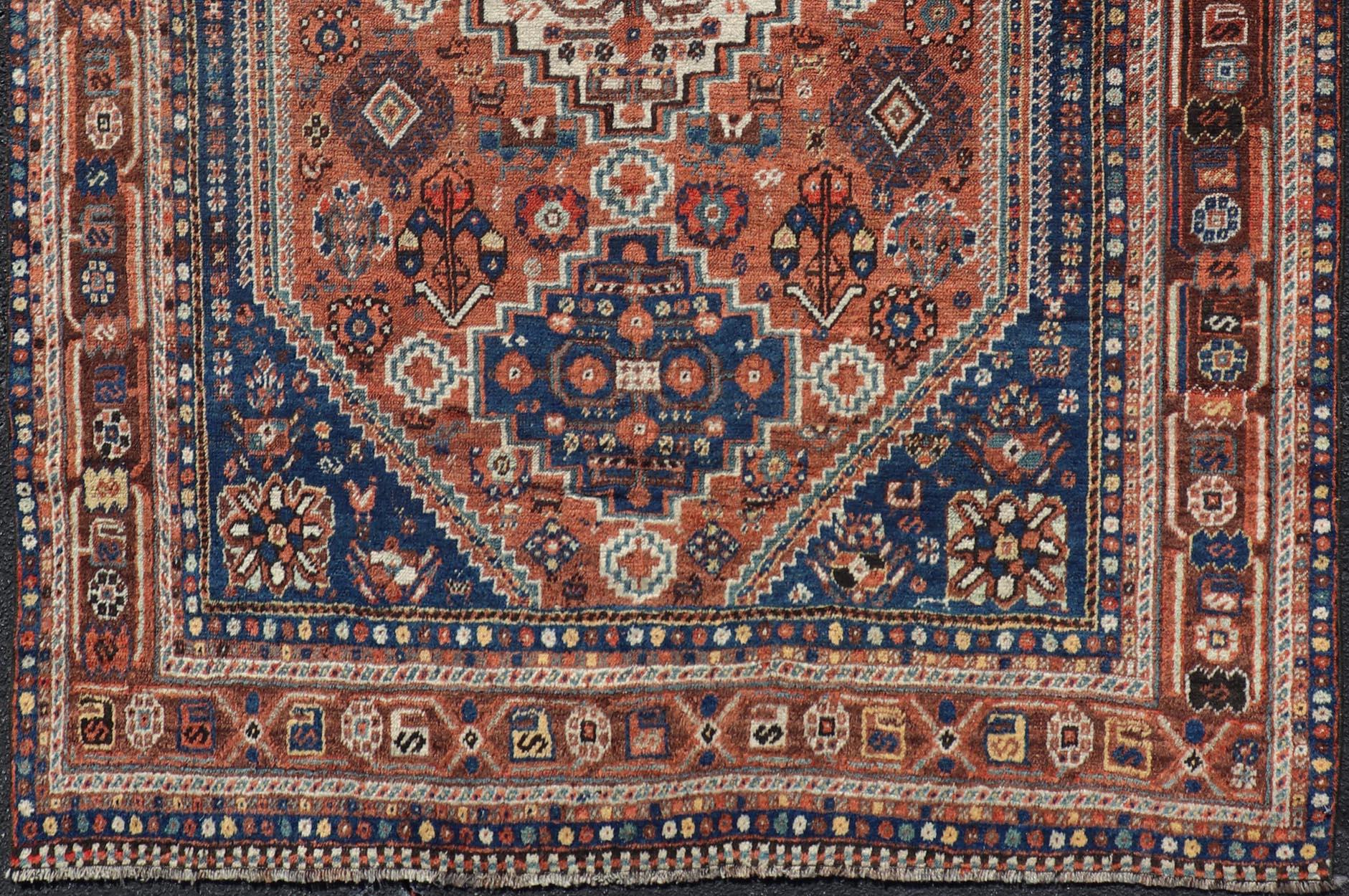 Antique Persian Shiraz Rug Tri-Medallion Geometrics in Rusty Orange and Blue For Sale 1