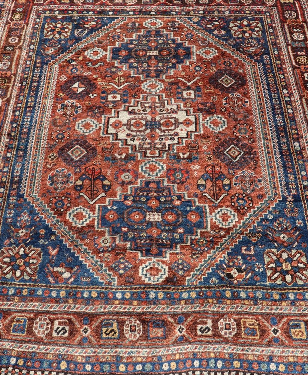 Antique Persian Shiraz Rug Tri-Medallion Geometrics in Rusty Orange and Blue For Sale 2