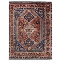 Antiker persischer Shiraz-Teppich Tri-Medallion, geometrische Geometrie in Rost Orange und Blau