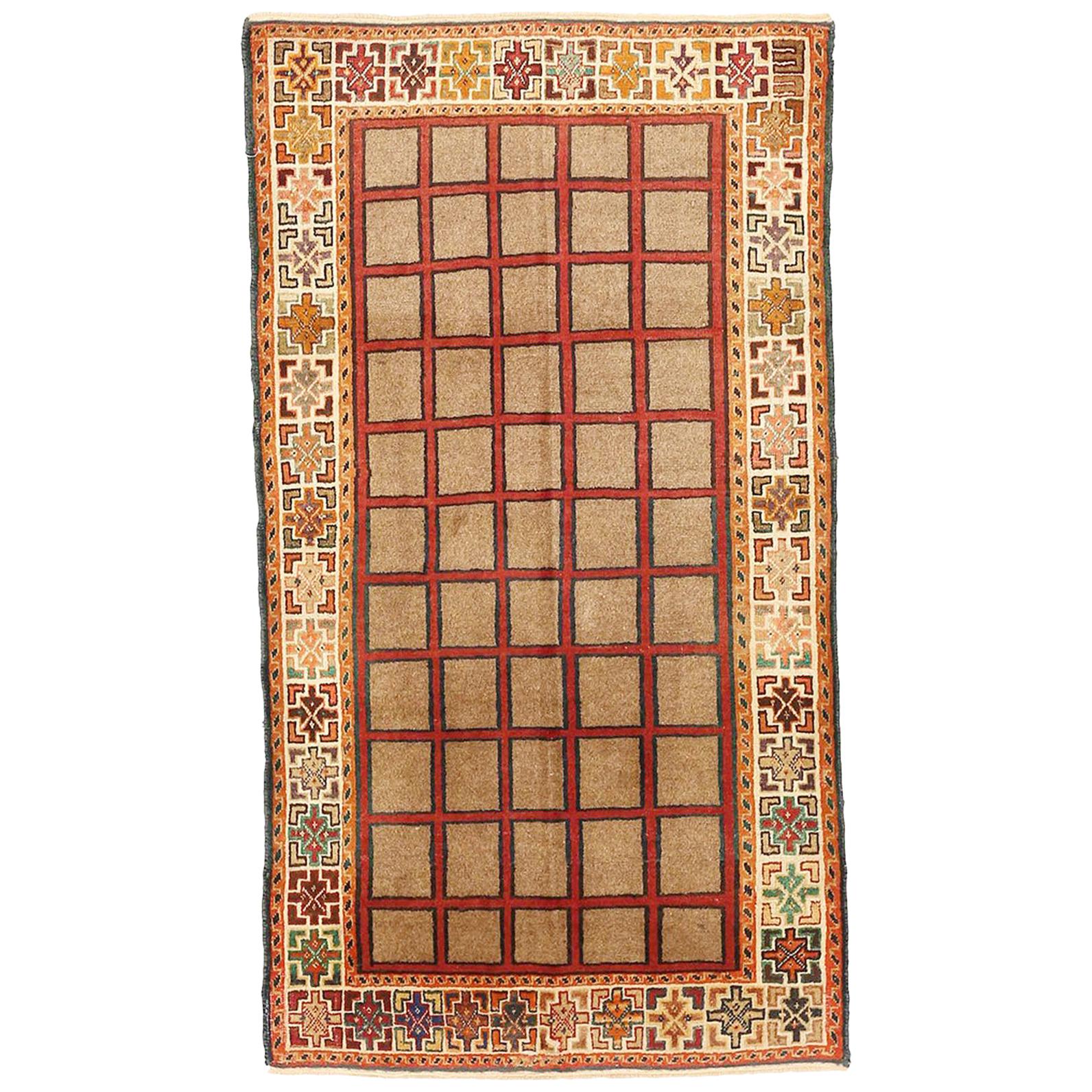 Antique Persian Shiraz Rug with Beige Squares on Red Center Field For Sale