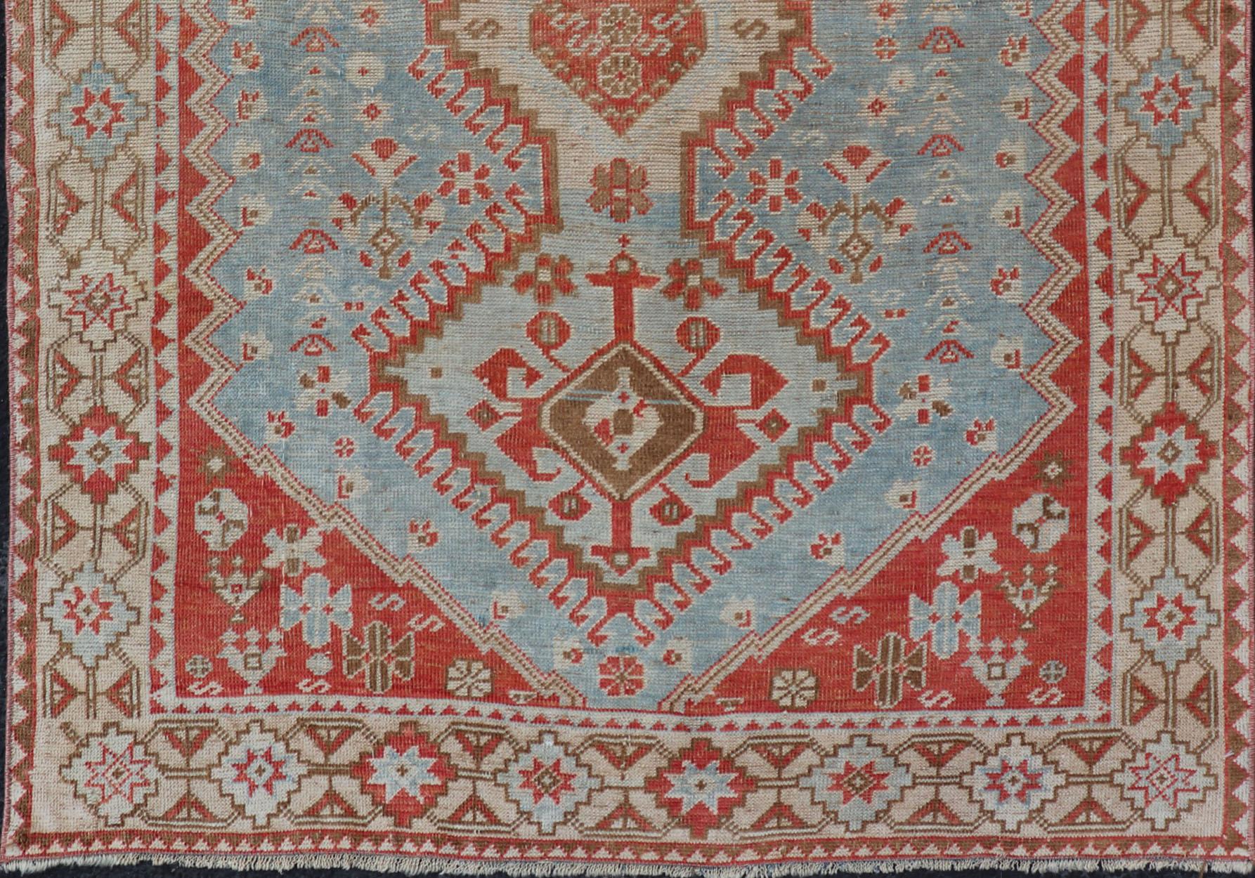 Hand-Knotted Antique Persian Shiraz Rug with Center Medallions and Sub Geometric Design For Sale