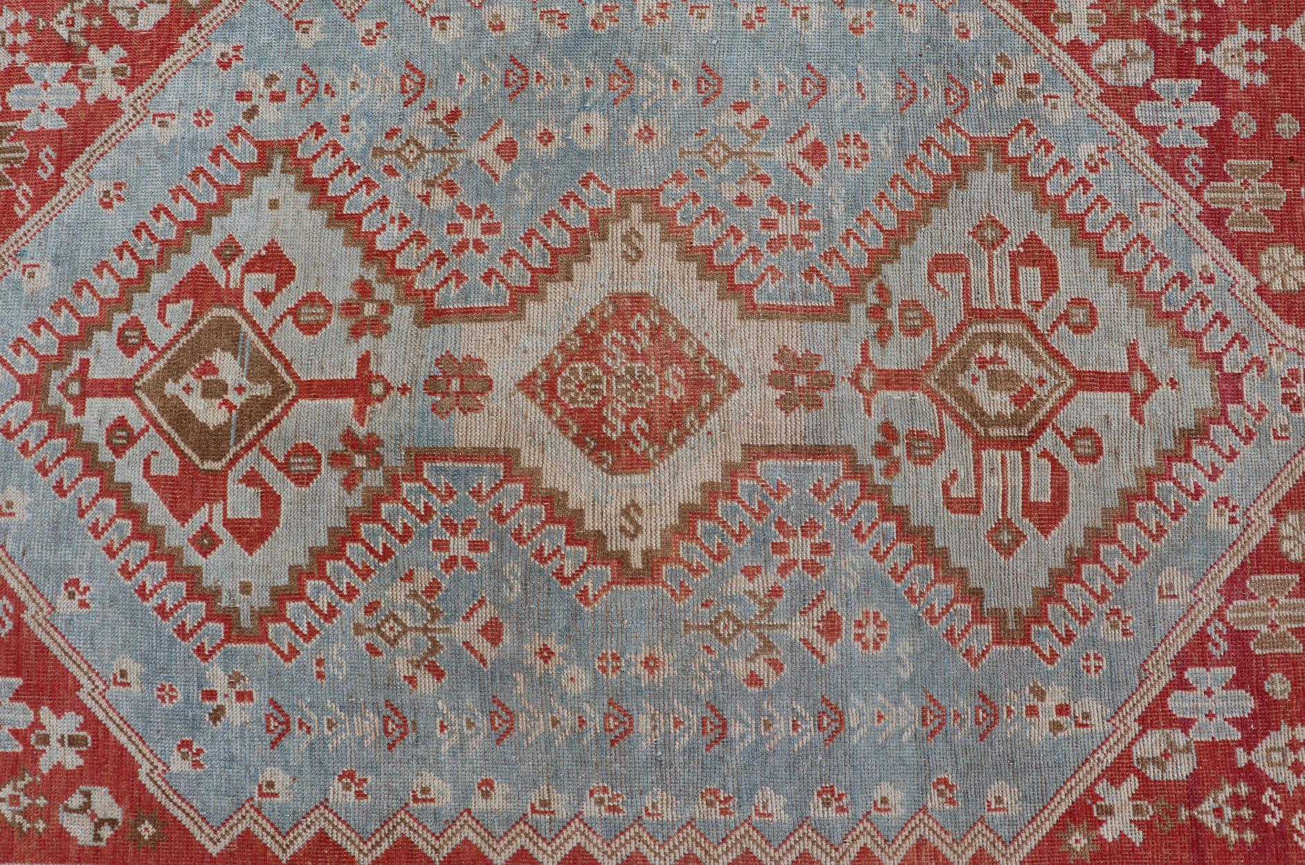 Wool Antique Persian Shiraz Rug with Center Medallions and Sub Geometric Design For Sale