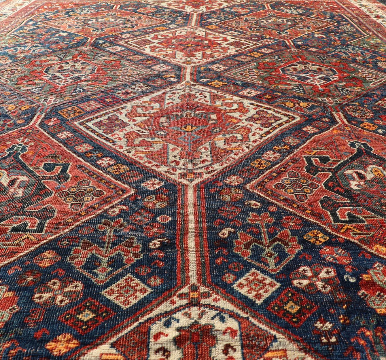 Antique Persian Shiraz Rug with Diamond Medallions in Navy Blue, Red & Ivory For Sale 4