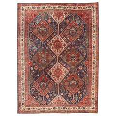 Antique Persian Shiraz Rug with Diamond Medallions in Navy Blue, Red & Ivory