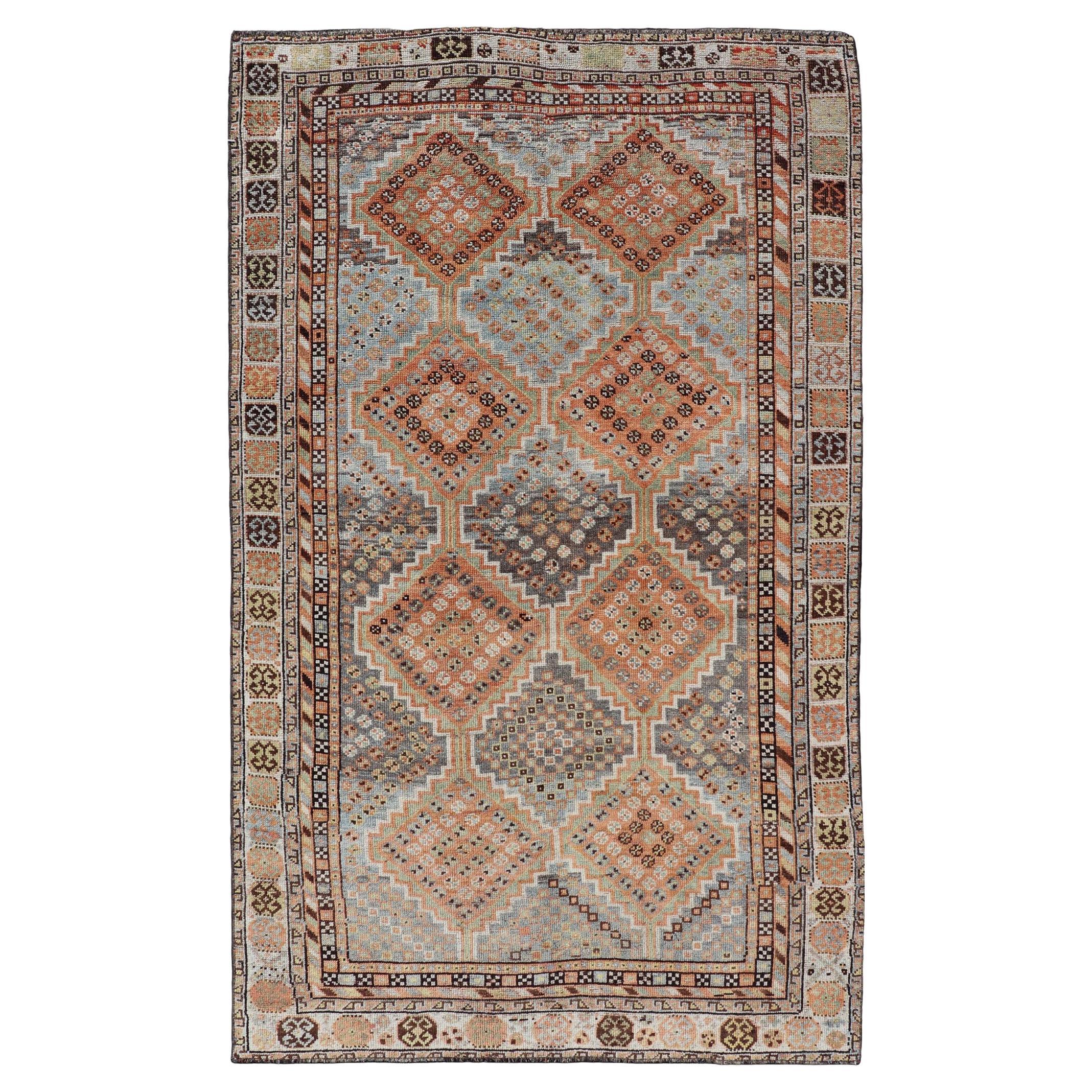 Antique Persian Shiraz Rug with Geometric Diamond Motif Medallions 4'7 x 8'0