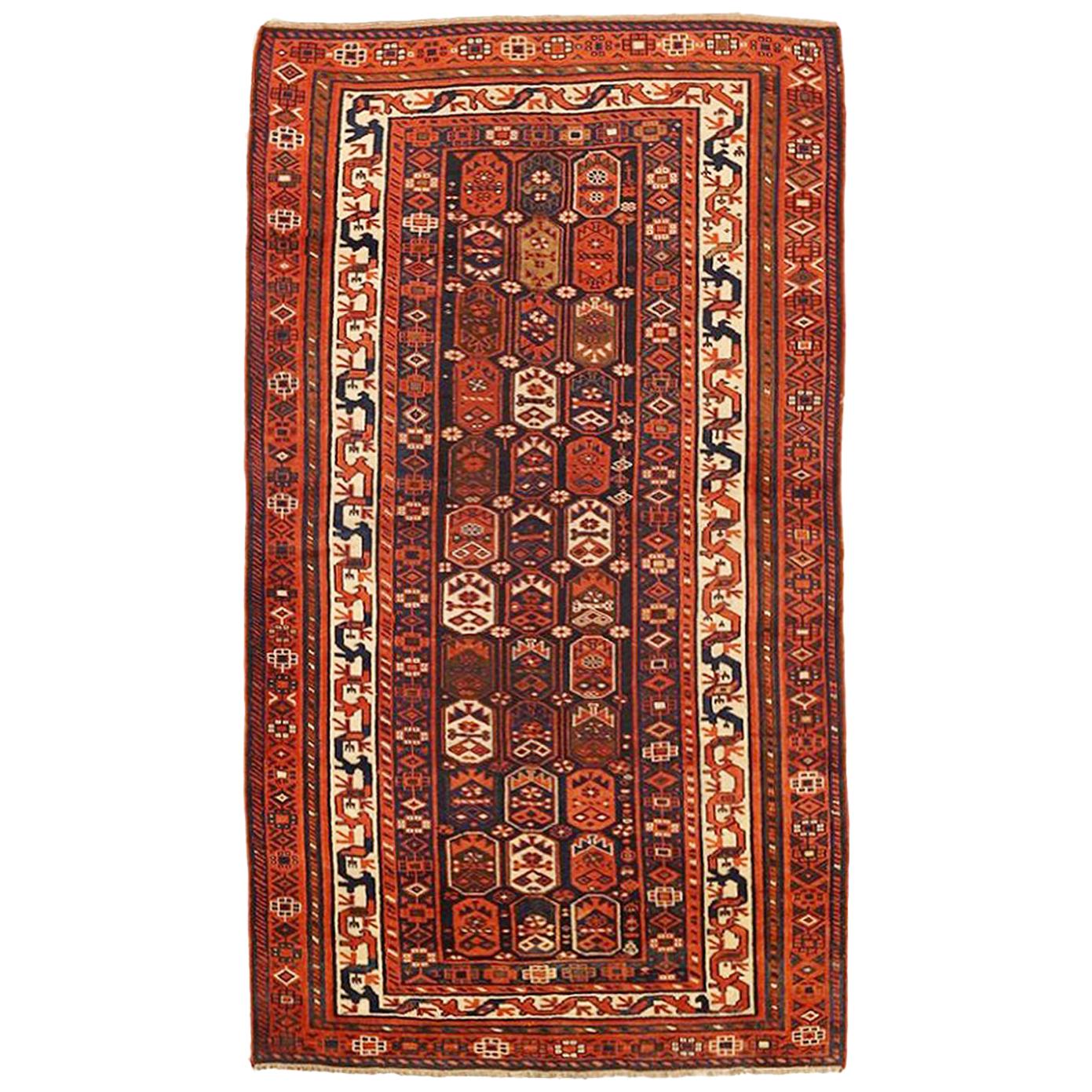 Antique Persian Shiraz Rug with Ivory and Navy Geometric Details on Rust Field For Sale