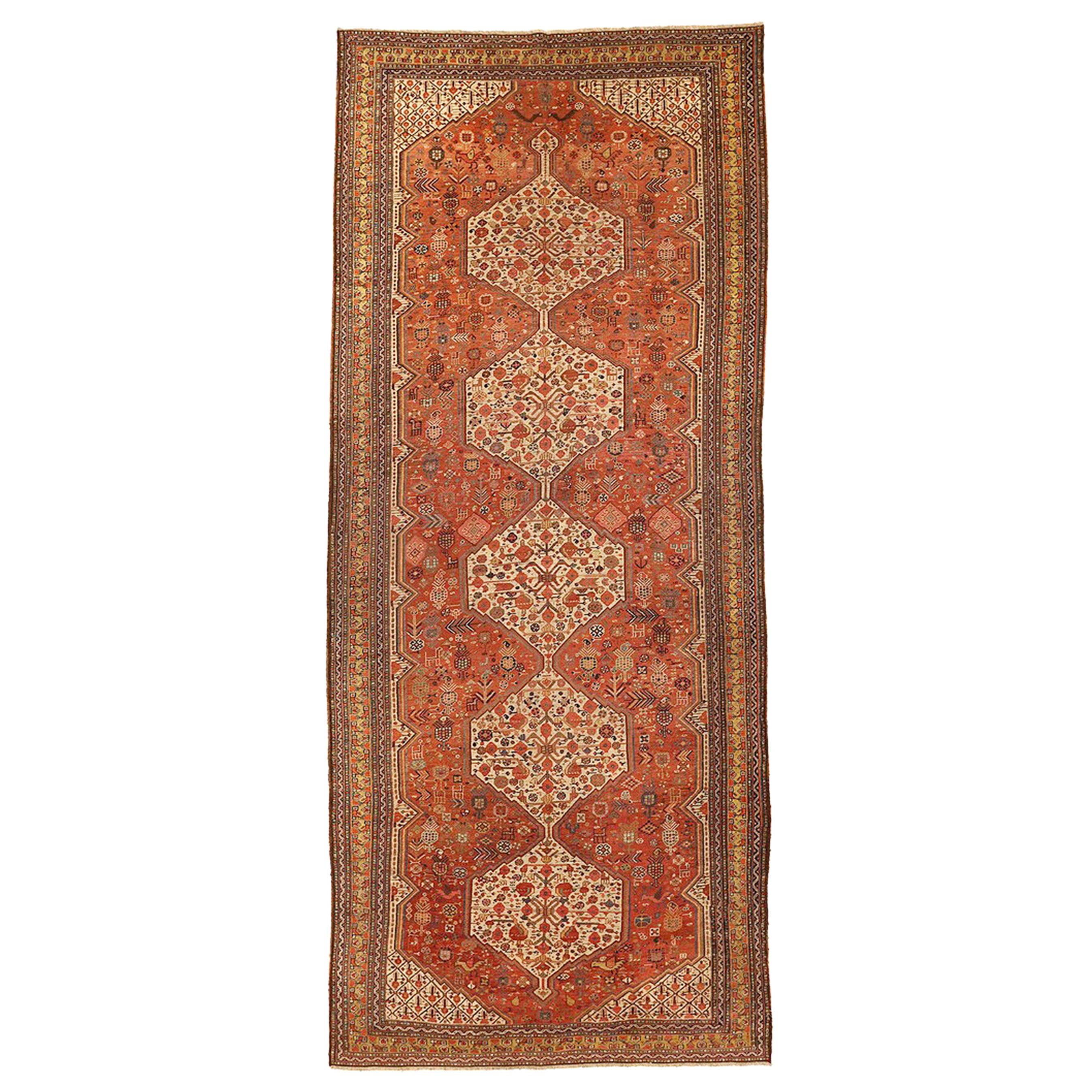 Antique Persian Shiraz Rug with Ivory Floral Medallions on Orange & Beige Field For Sale