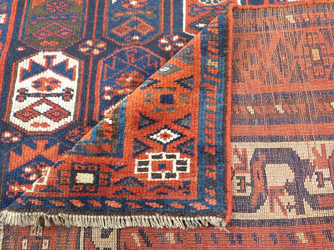 Hand-Woven Antique Persian Shiraz Rug with Ivory and Navy Geometric Details on Rust Field For Sale