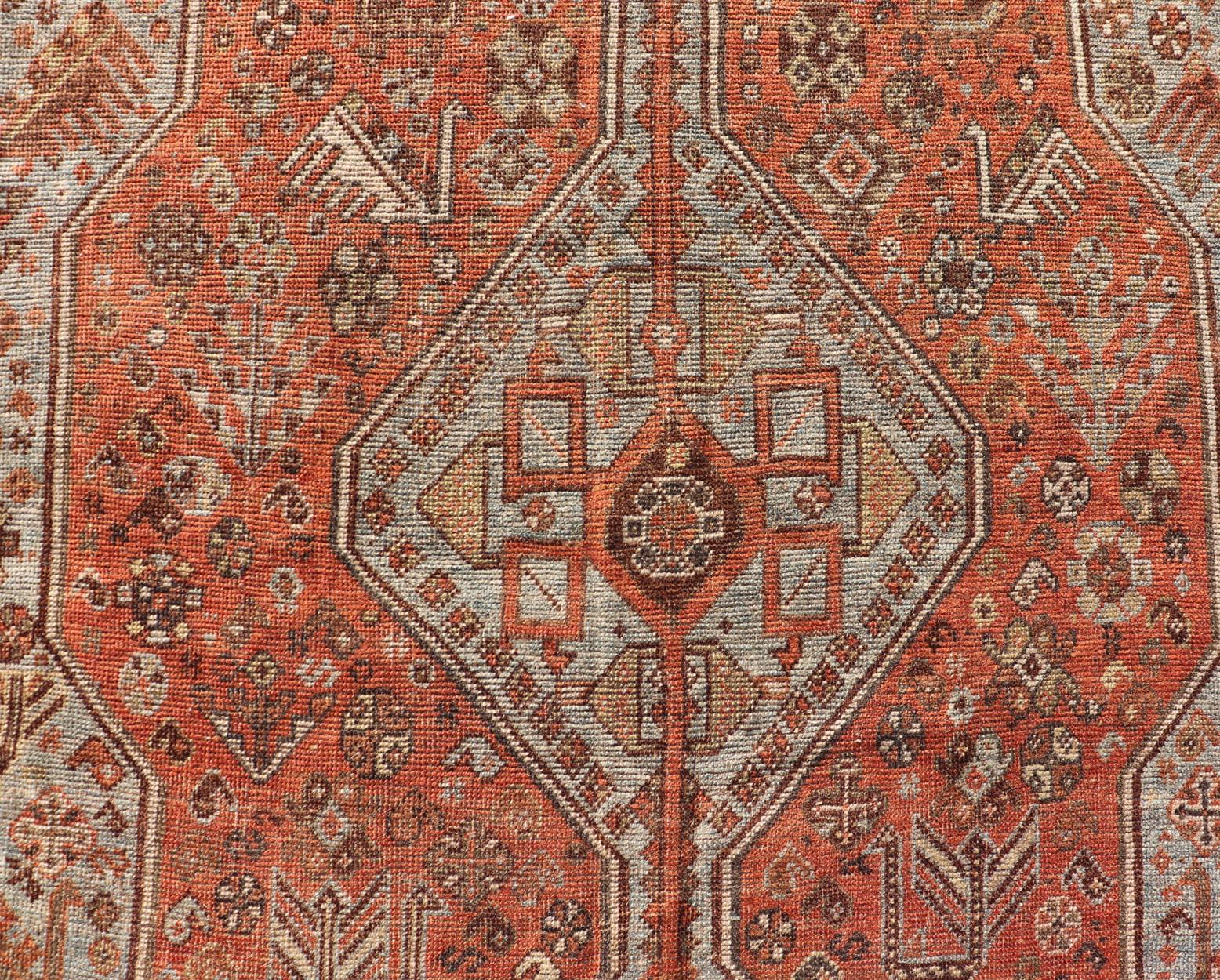 Antique Persian Shiraz Rug With Medallions Geometric in Rusty Orange, Steel Blue For Sale 3