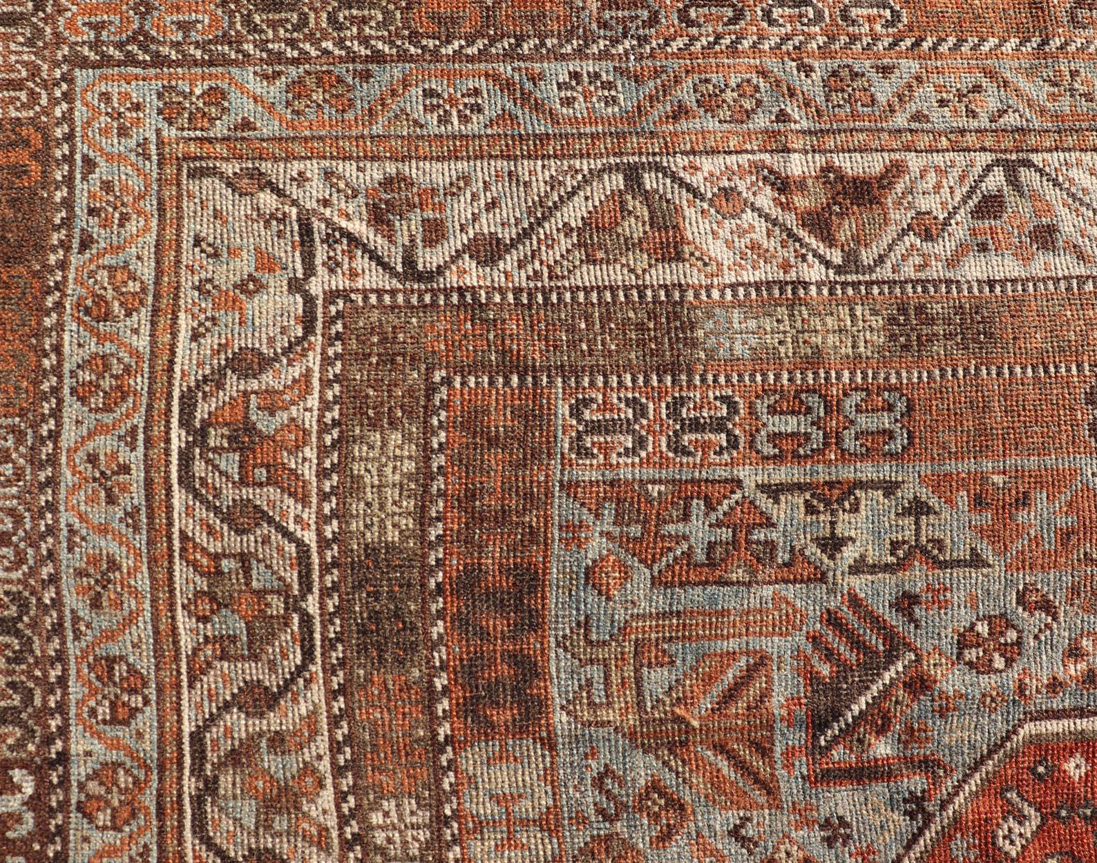 Tribal Antique Persian Shiraz Rug With Medallions Geometric in Rusty Orange, Steel Blue For Sale
