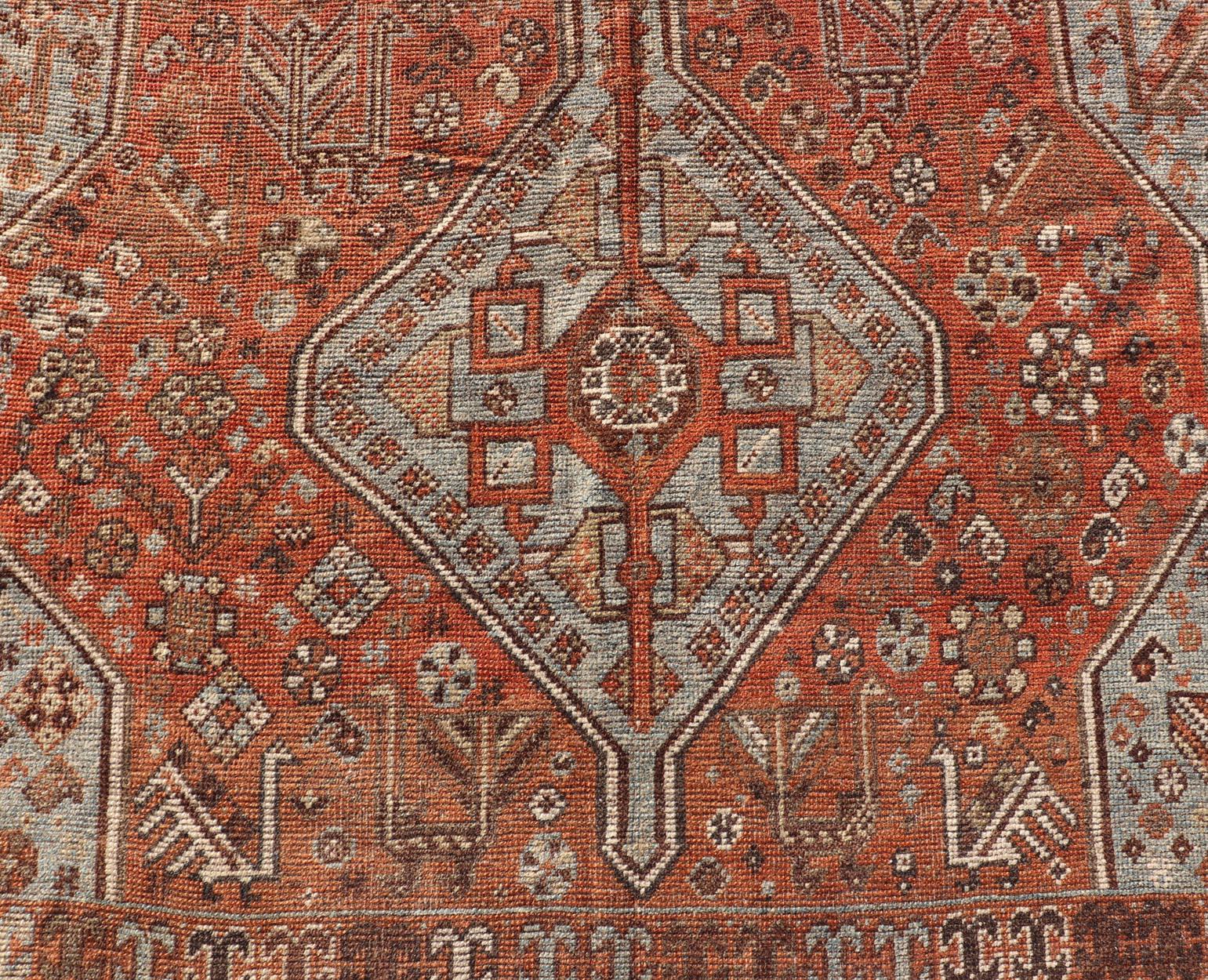 Hand-Knotted Antique Persian Shiraz Rug With Medallions Geometric in Rusty Orange, Steel Blue For Sale