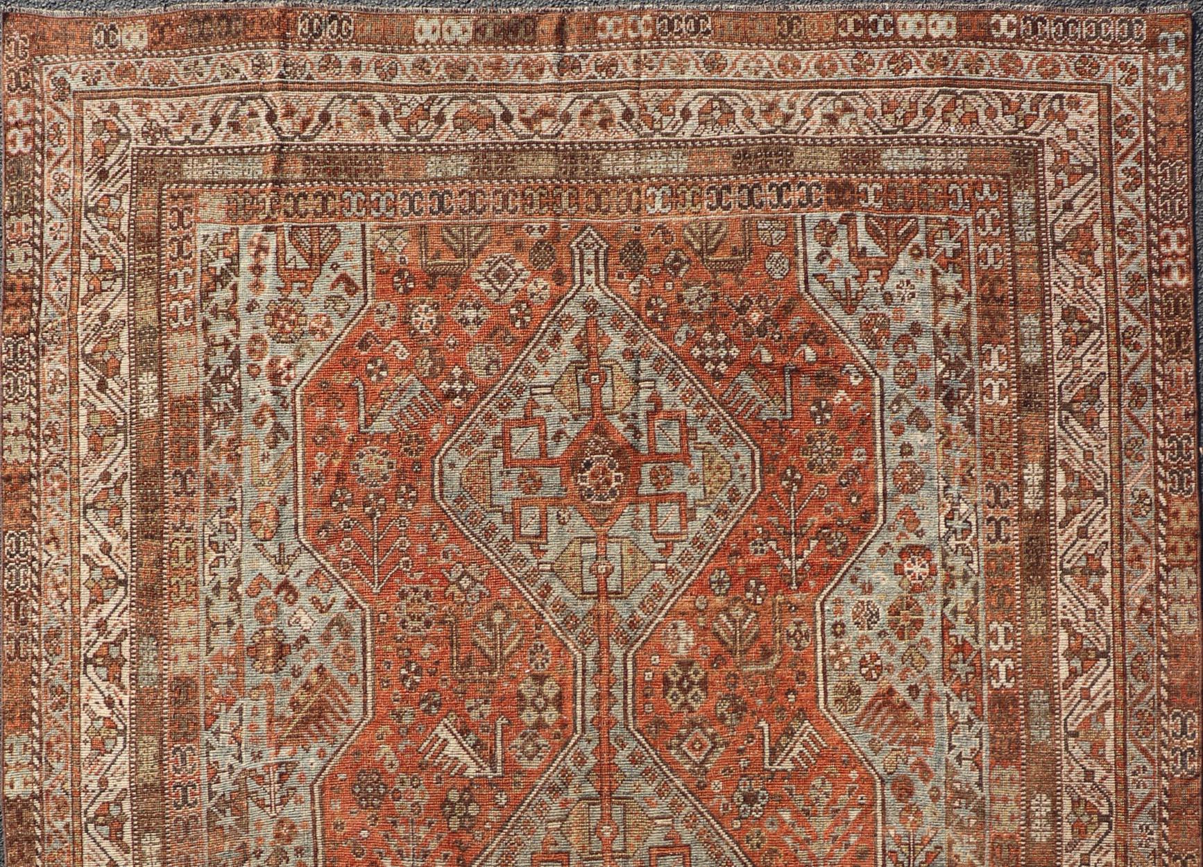 Antique Persian Shiraz Rug With Medallions Geometric in Rusty Orange, Steel Blue In Good Condition For Sale In Atlanta, GA
