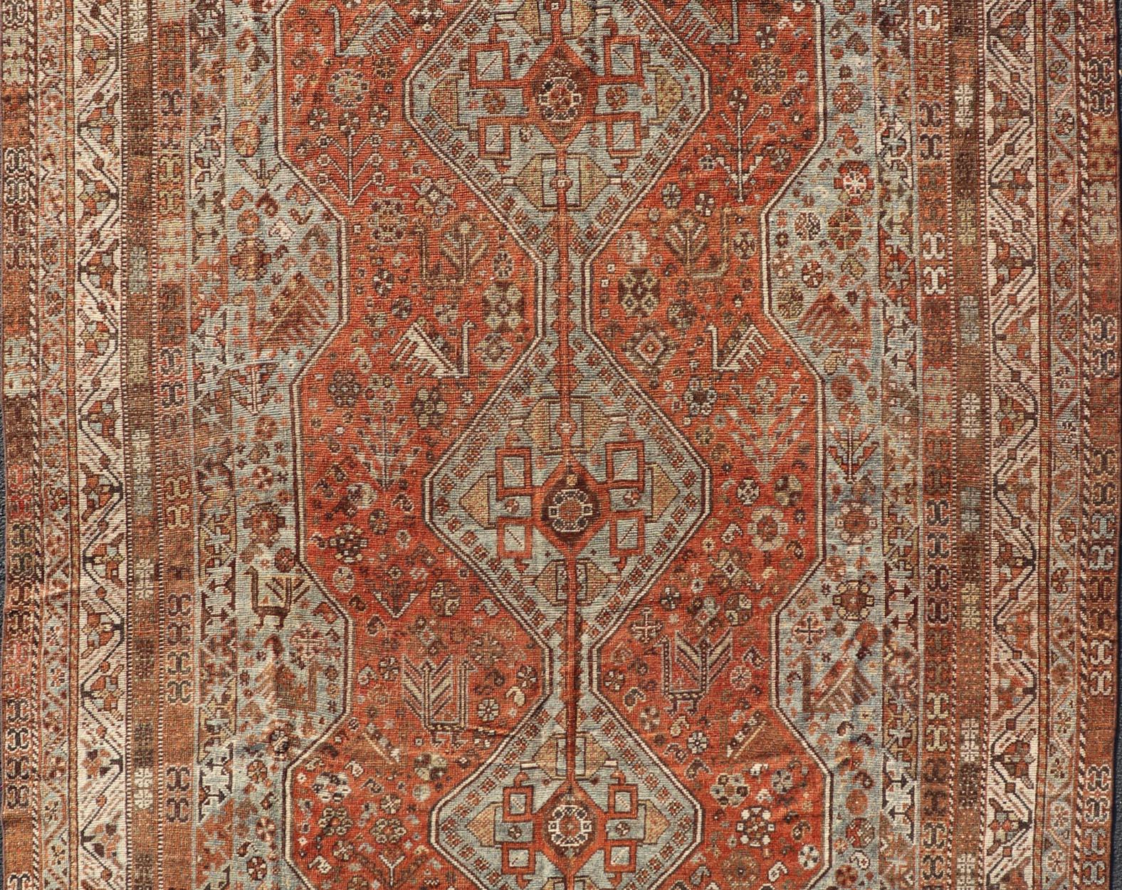 20th Century Antique Persian Shiraz Rug With Medallions Geometric in Rusty Orange, Steel Blue For Sale