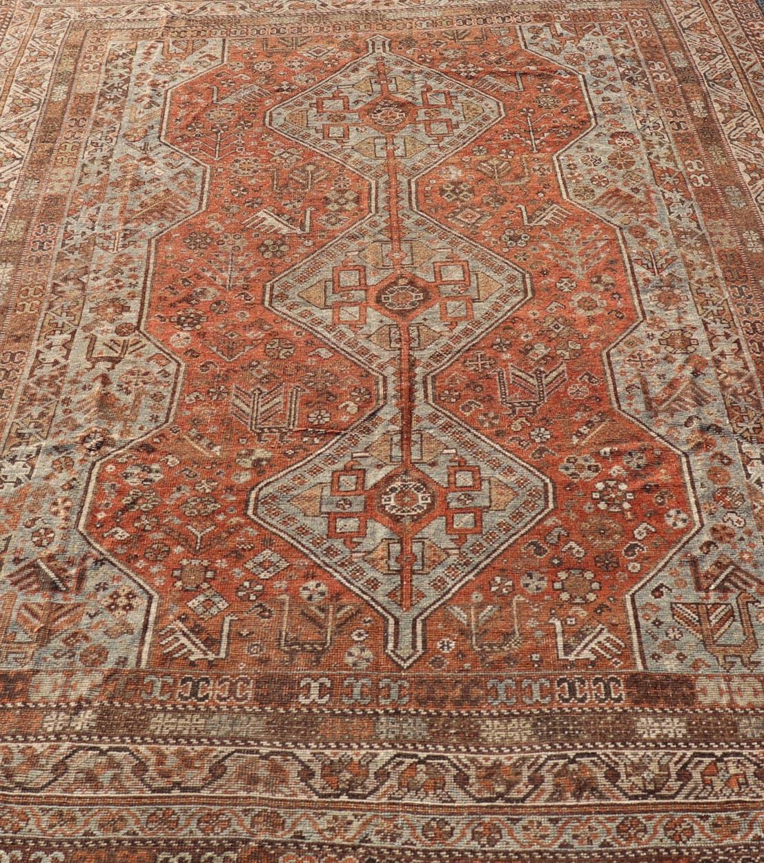 Antique Persian Shiraz Rug With Medallions Geometric in Rusty Orange, Steel Blue For Sale 1
