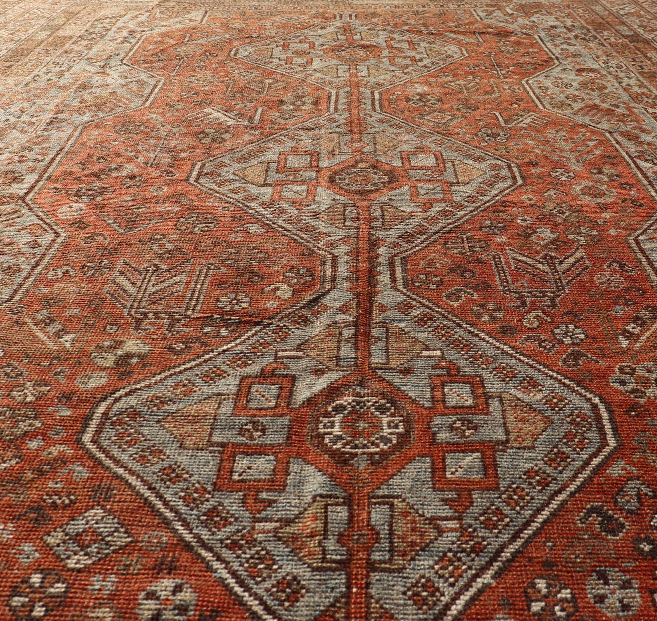 Antique Persian Shiraz Rug With Medallions Geometric in Rusty Orange, Steel Blue For Sale 2