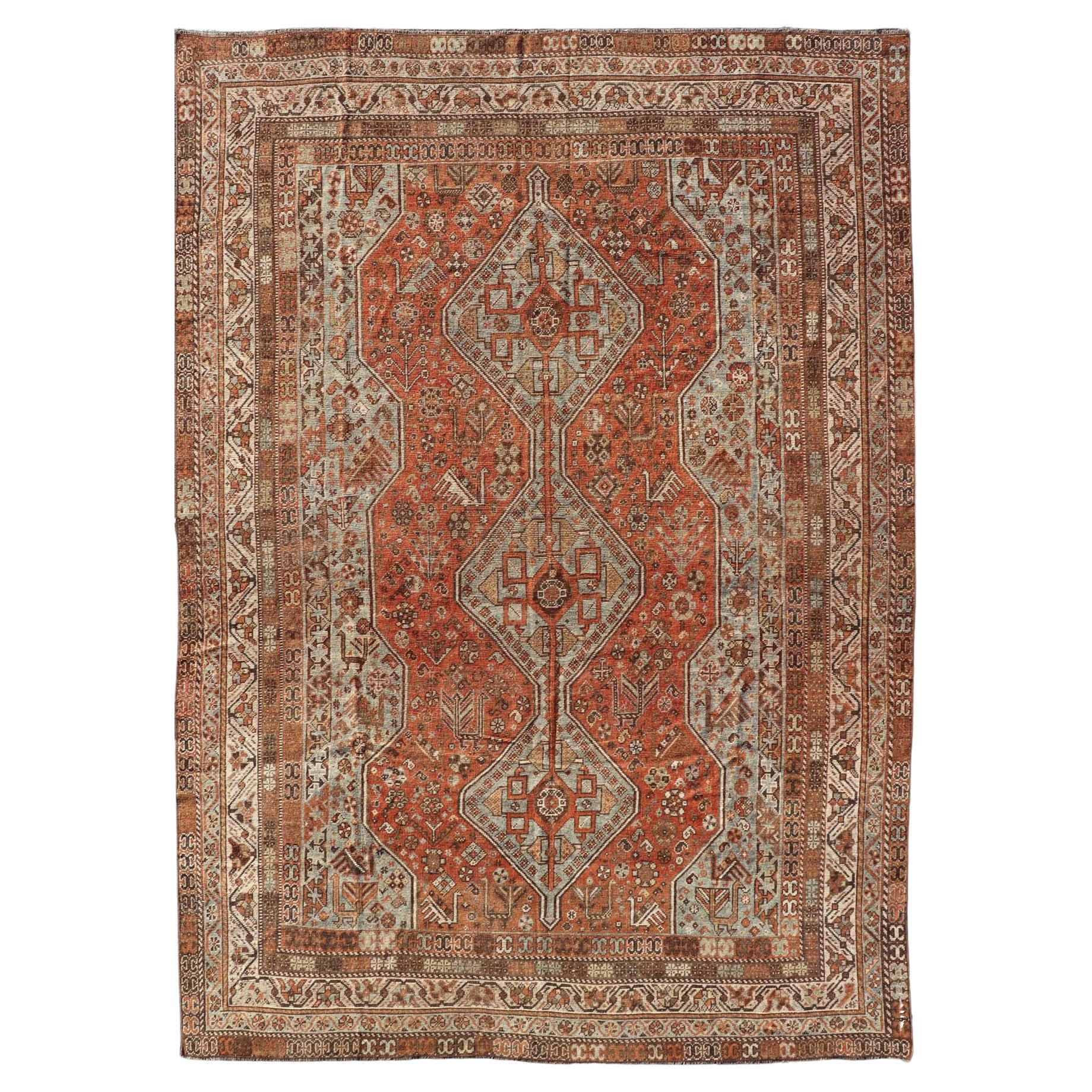 Antique Persian Shiraz Rug With Medallions Geometric in Rusty Orange, Steel Blue For Sale