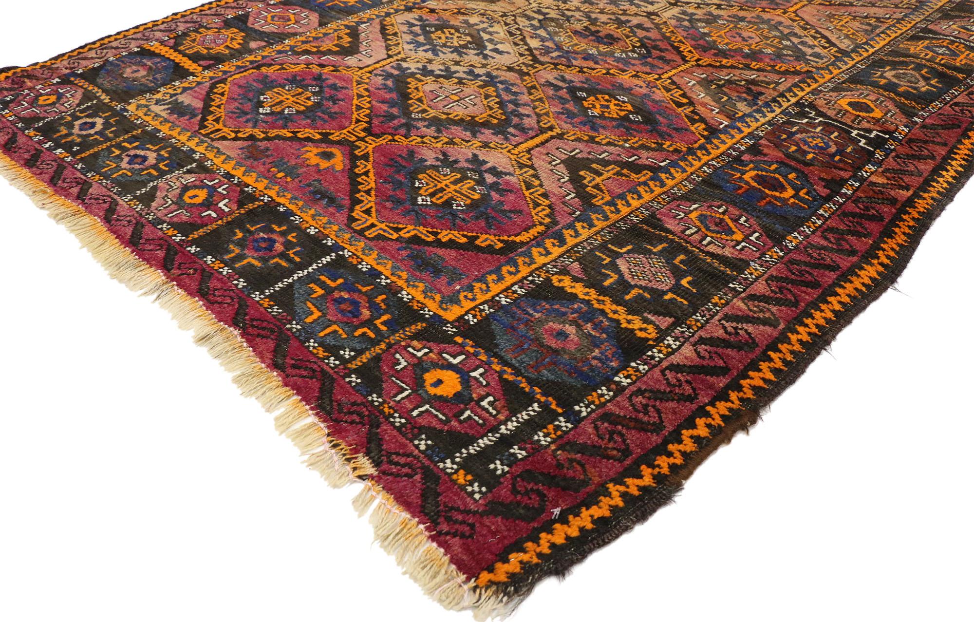 72011 Antique Persian Shiraz Rug with Mid-Century Modern Tribal Style 04'02 x 05'10. Bold and beautiful, this antique Persian Shiraz rug beautifully embodies a mid-century modern tribal style. The abrashed field features an all-over repetitive