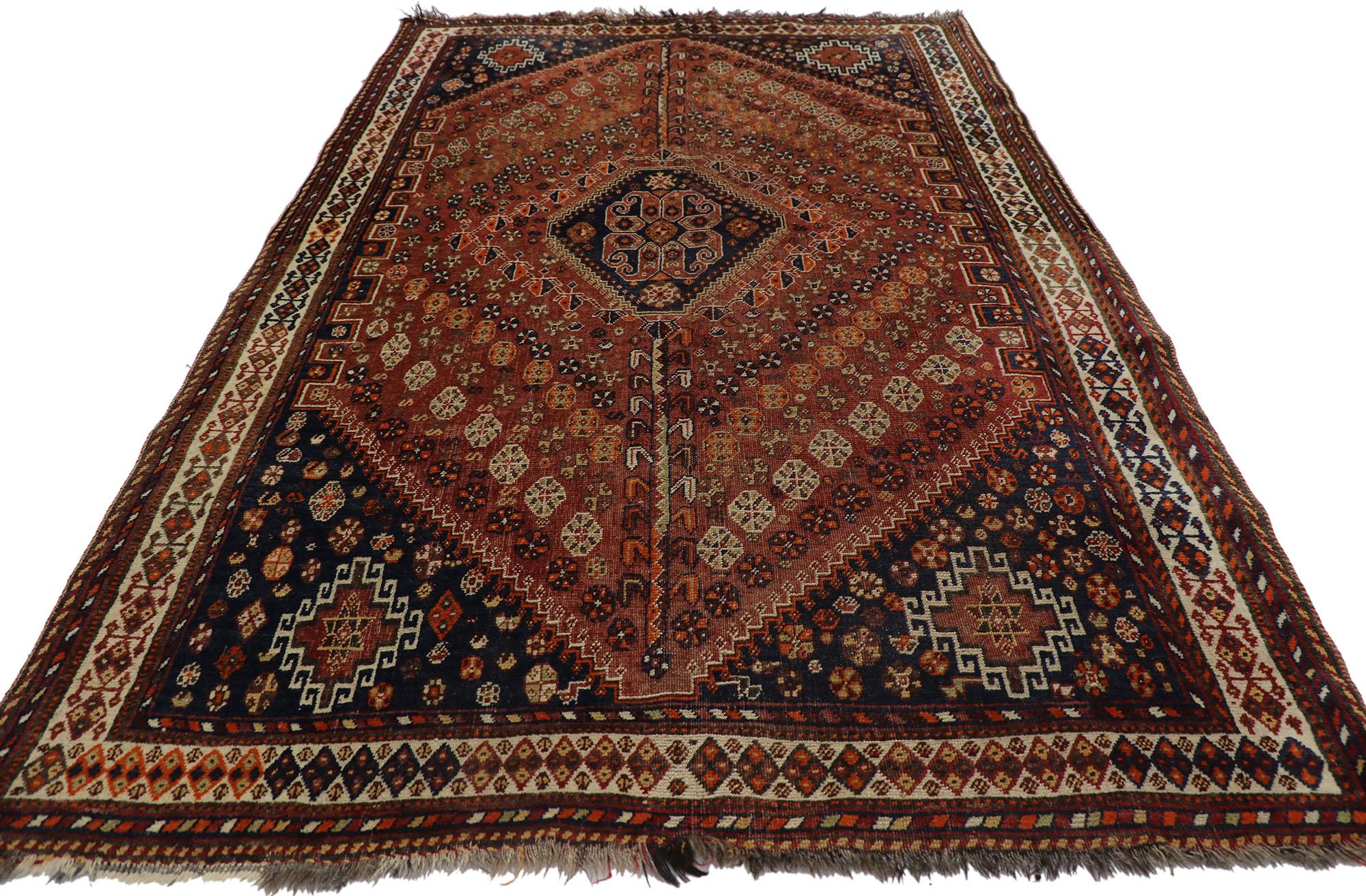 Hand-Knotted Antique Persian Shiraz Rug with Mid-Century Modern Tribal Style For Sale