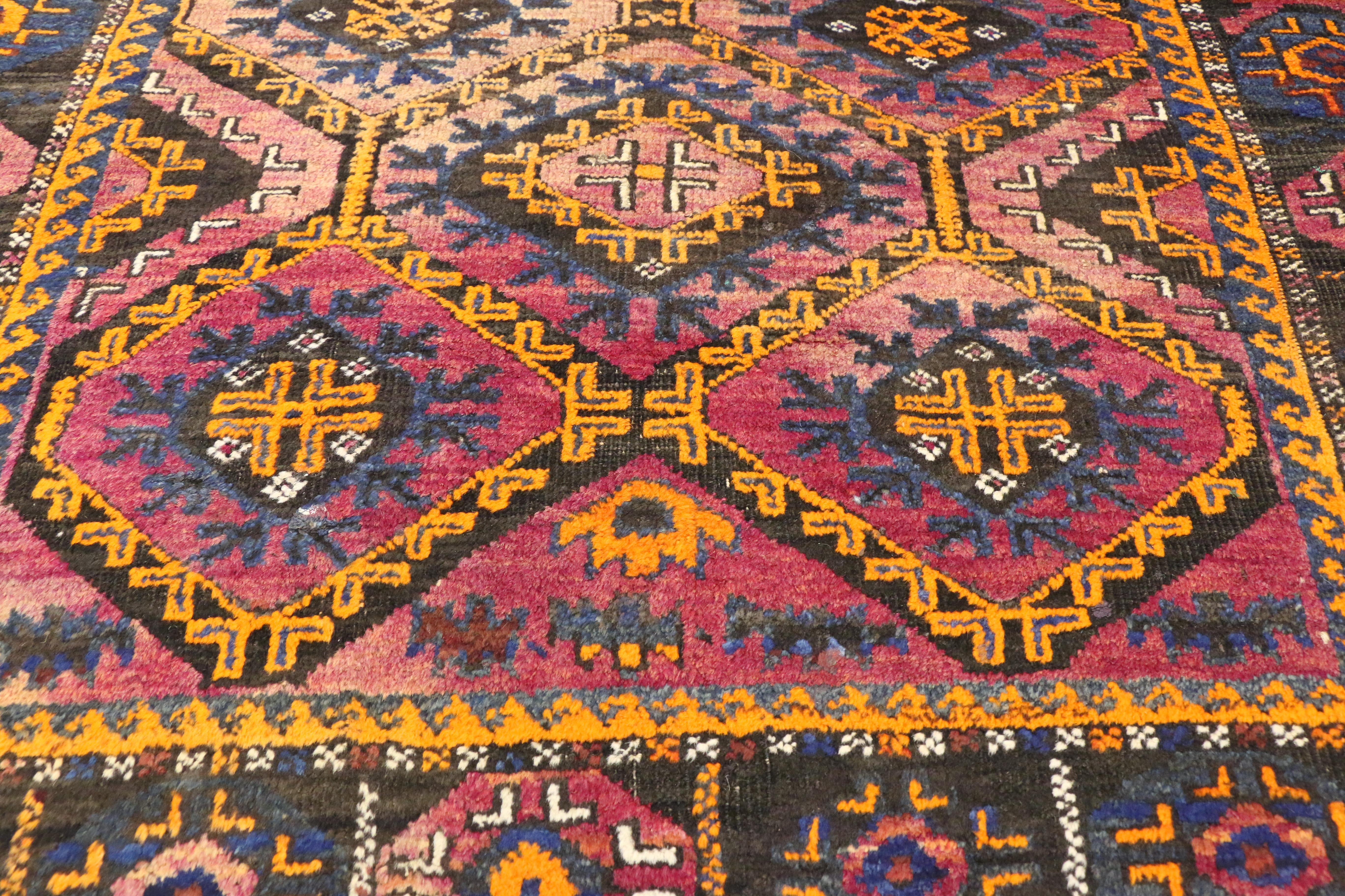 Antique Persian Shiraz Rug with Mid-Century Modern Tribal Style In Distressed Condition For Sale In Dallas, TX
