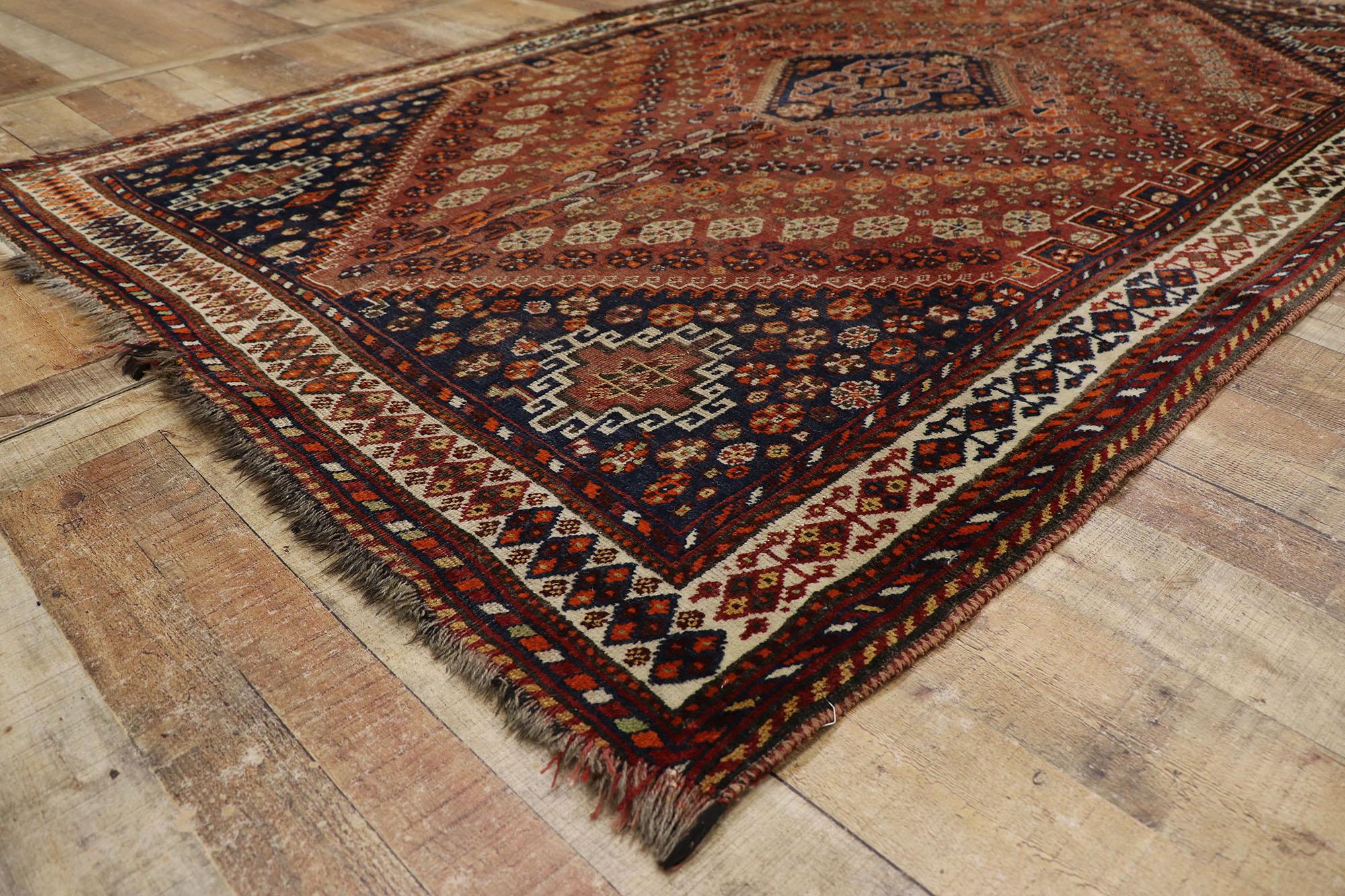 Wool Antique Persian Shiraz Rug with Mid-Century Modern Tribal Style For Sale