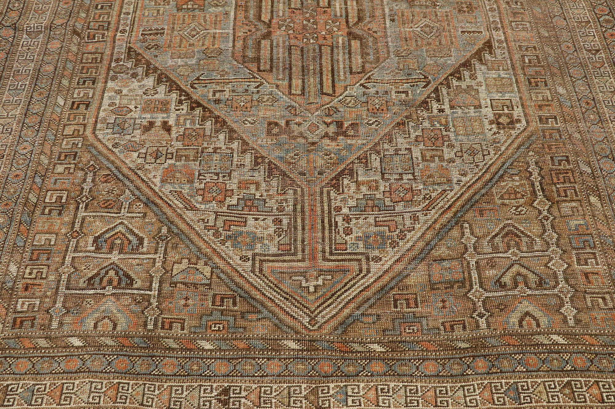 Antique Persian Shiraz Rug with Modern Tribal Style In Distressed Condition In Dallas, TX