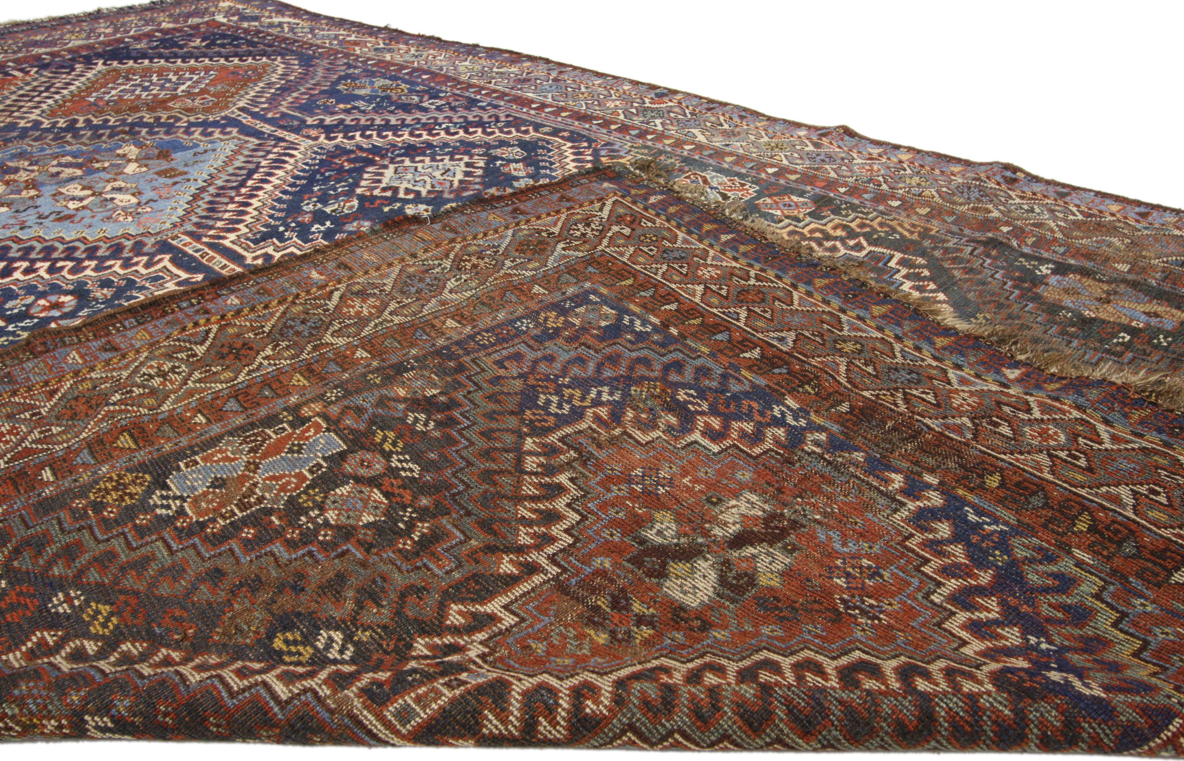 Antique Persian Shiraz Rug with Modern Tribal Style In Distressed Condition In Dallas, TX