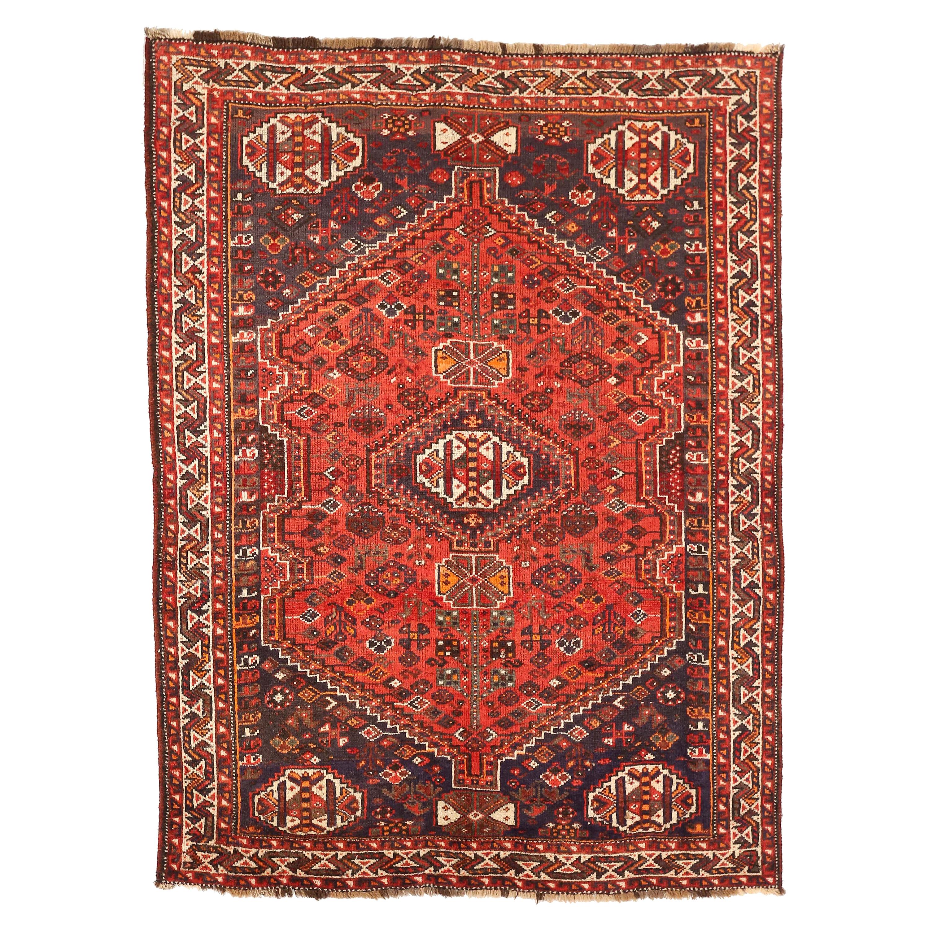 Antique Persian Shiraz Rug with Red and White Geometric Details on Black Field