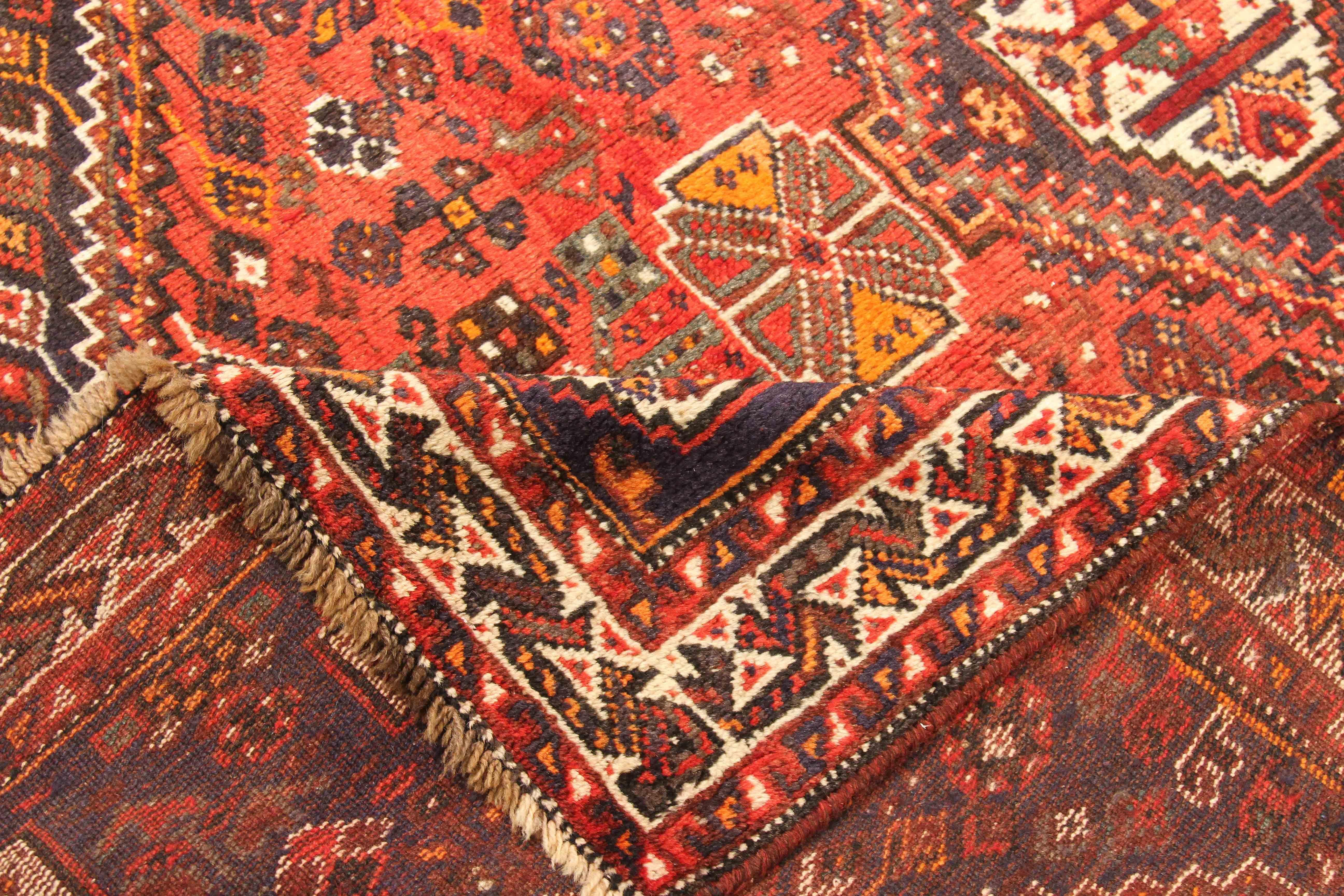 Other Antique Persian Shiraz Rug with Red and White Geometric Details on Black Field