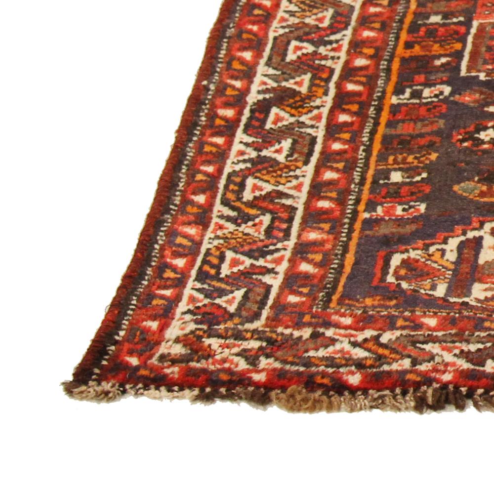 Hand-Woven Antique Persian Shiraz Rug with Red and White Geometric Details on Black Field