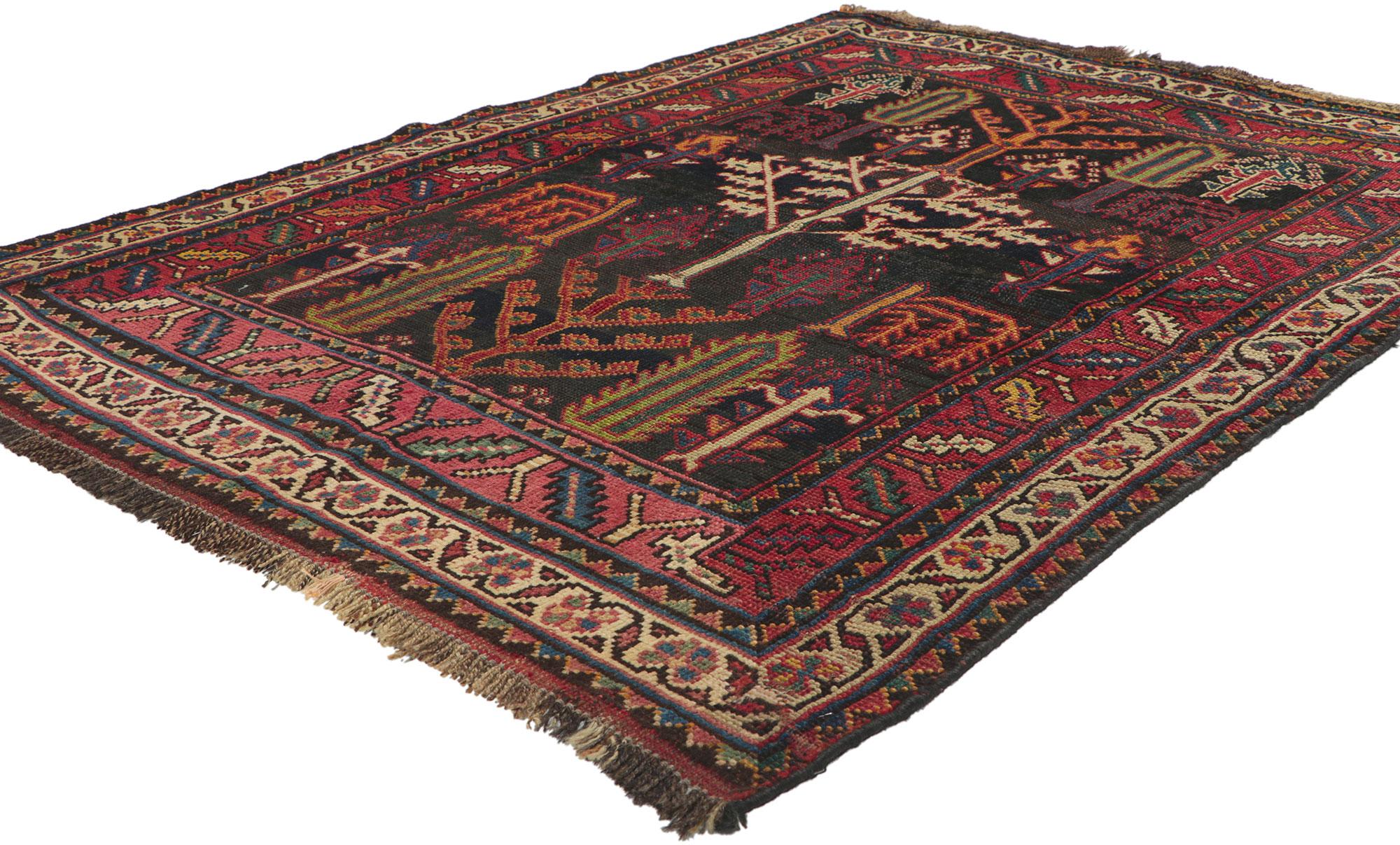 61083 antique Persian Shiraz rug with tree of life design, 04'00 x 05'00. Embodying tribal style and nomadic charm, this hand knotted wool antique Persian Shiraz rug is a captivating vision of woven beauty. The abrashed field features an all-over