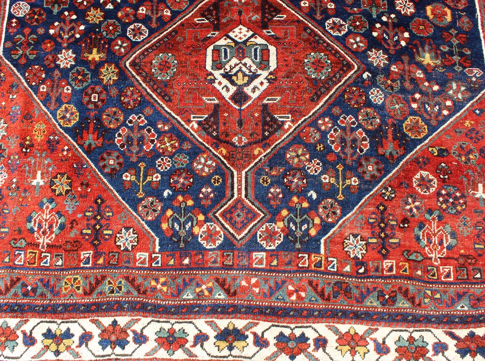 Antique Persian Shiraz Rug with Tri-Medallion Geometrics in Royal Blue and Red For Sale 2