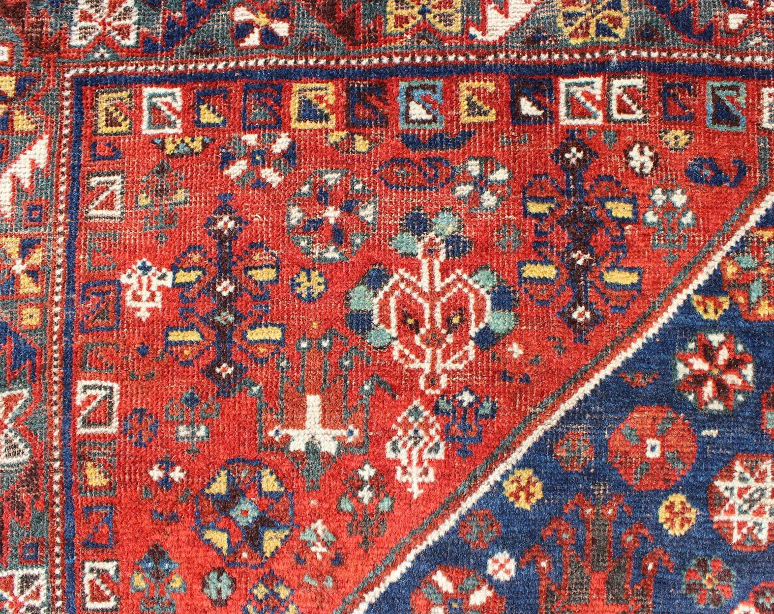 Antique Persian Shiraz Rug with Tri-Medallion Geometrics in Royal Blue and Red For Sale 3