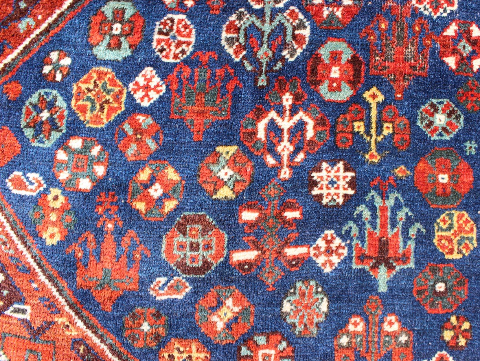 Antique Persian Shiraz Rug with Tri-Medallion Geometrics in Royal Blue and Red For Sale 4