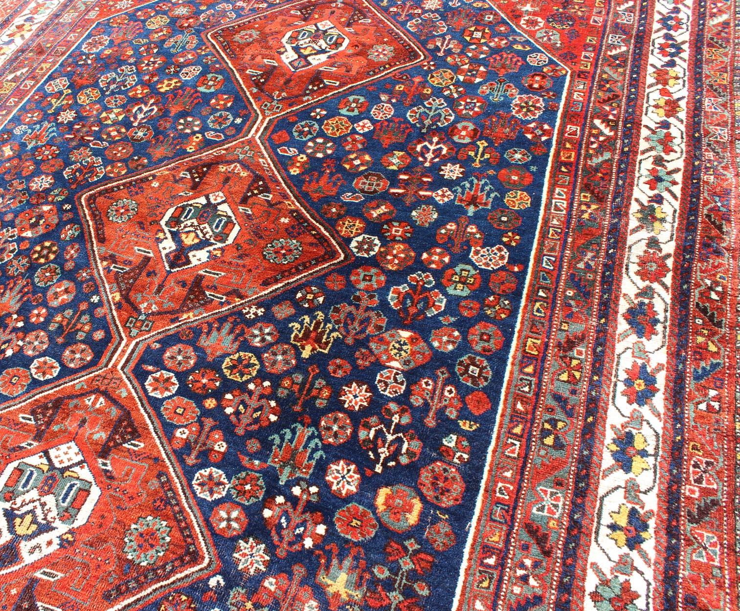 Antique Persian Shiraz Rug with Tri-Medallion Geometrics in Royal Blue and Red For Sale 5