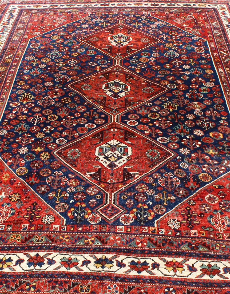 Antique Persian Shiraz Rug with Tri-Medallion Geometrics in Royal Blue and Red For Sale 6