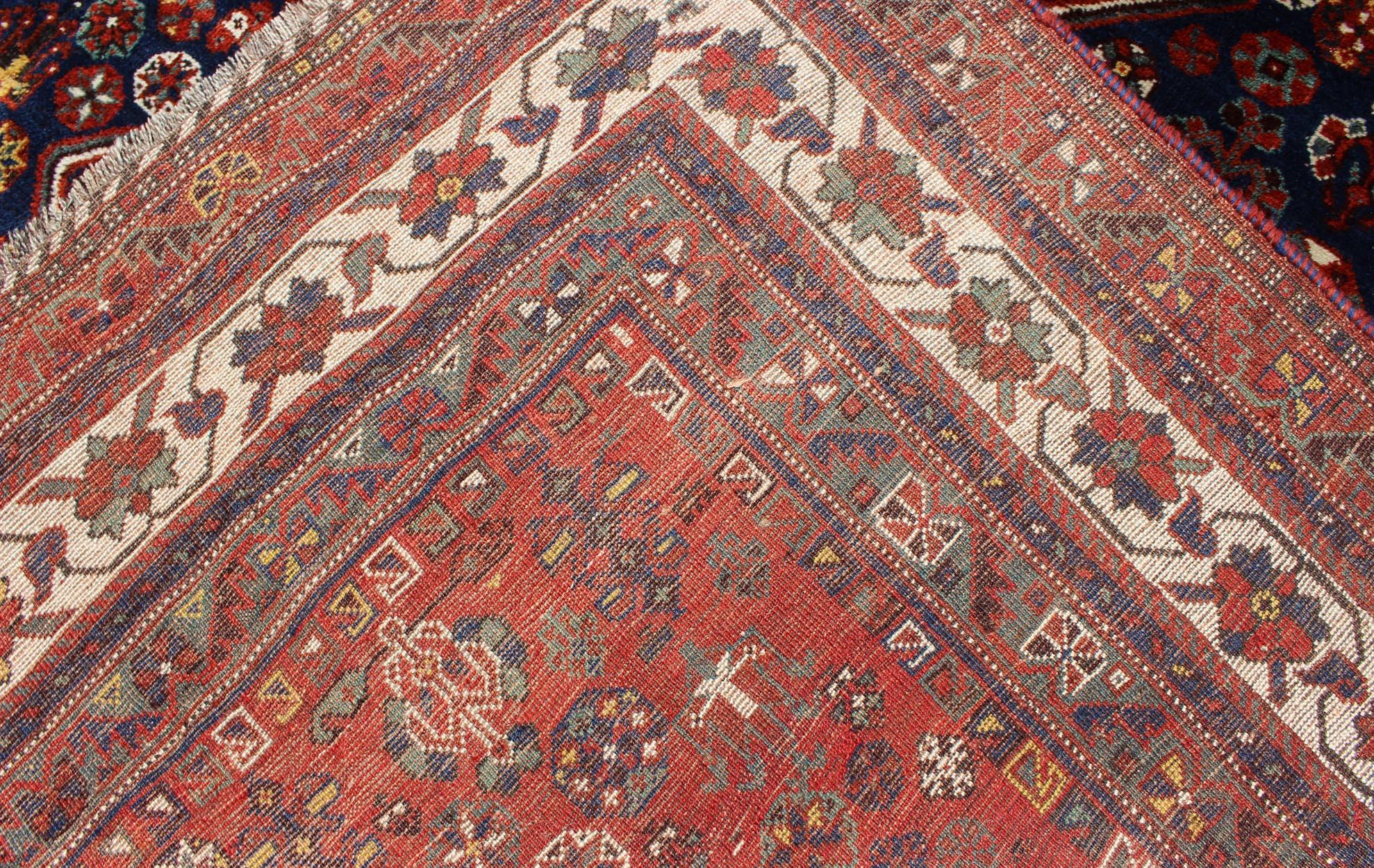 Antique Persian Shiraz Rug with Tri-Medallion Geometrics in Royal Blue and Red For Sale 7