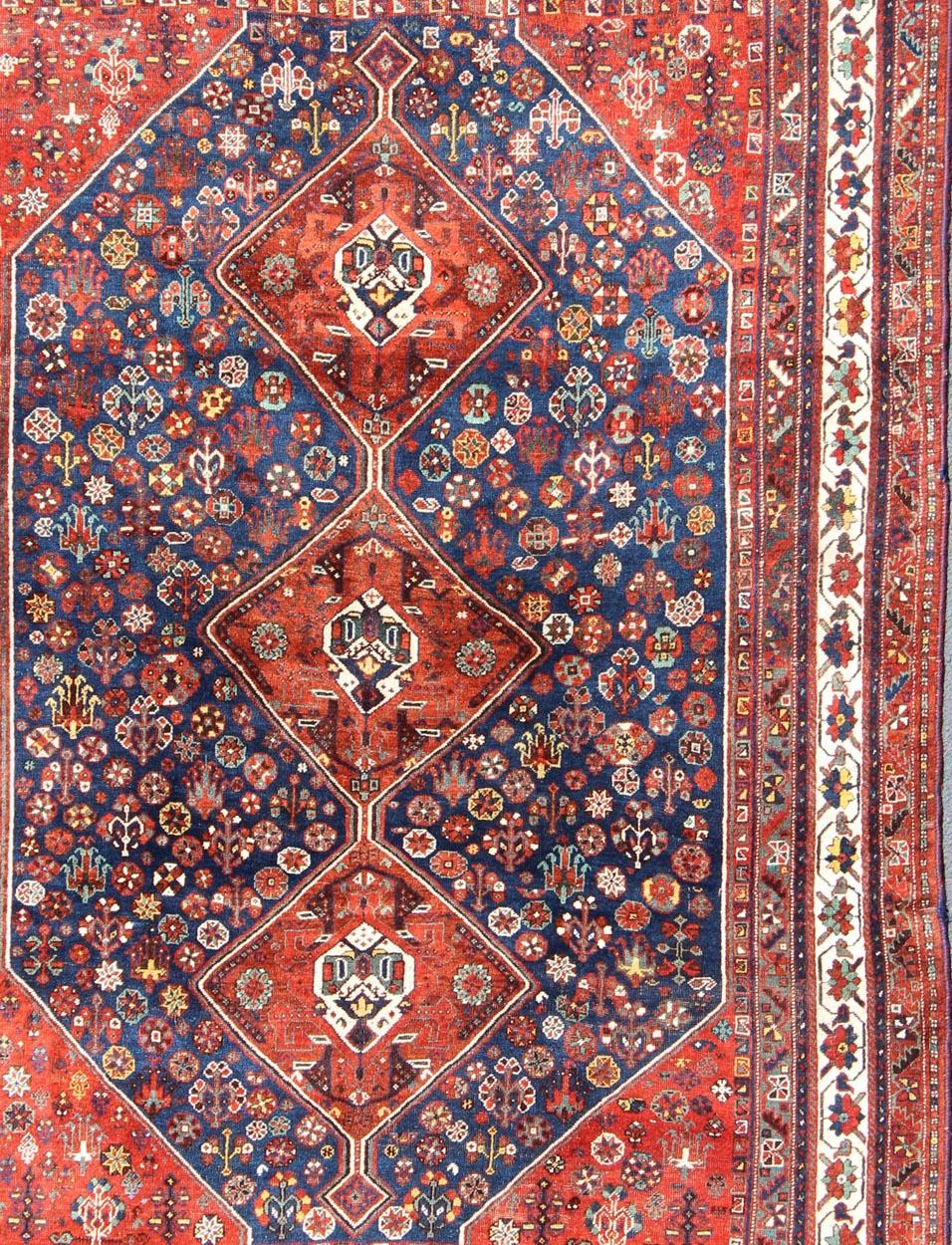 Tribal Antique Persian Shiraz Rug with Tri-Medallion Geometrics in Royal Blue and Red For Sale