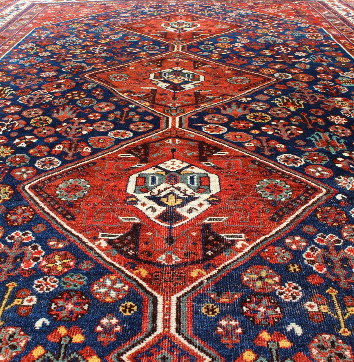 Antique Persian Shiraz Rug with Tri-Medallion Geometrics in Royal Blue and Red In Good Condition For Sale In Atlanta, GA