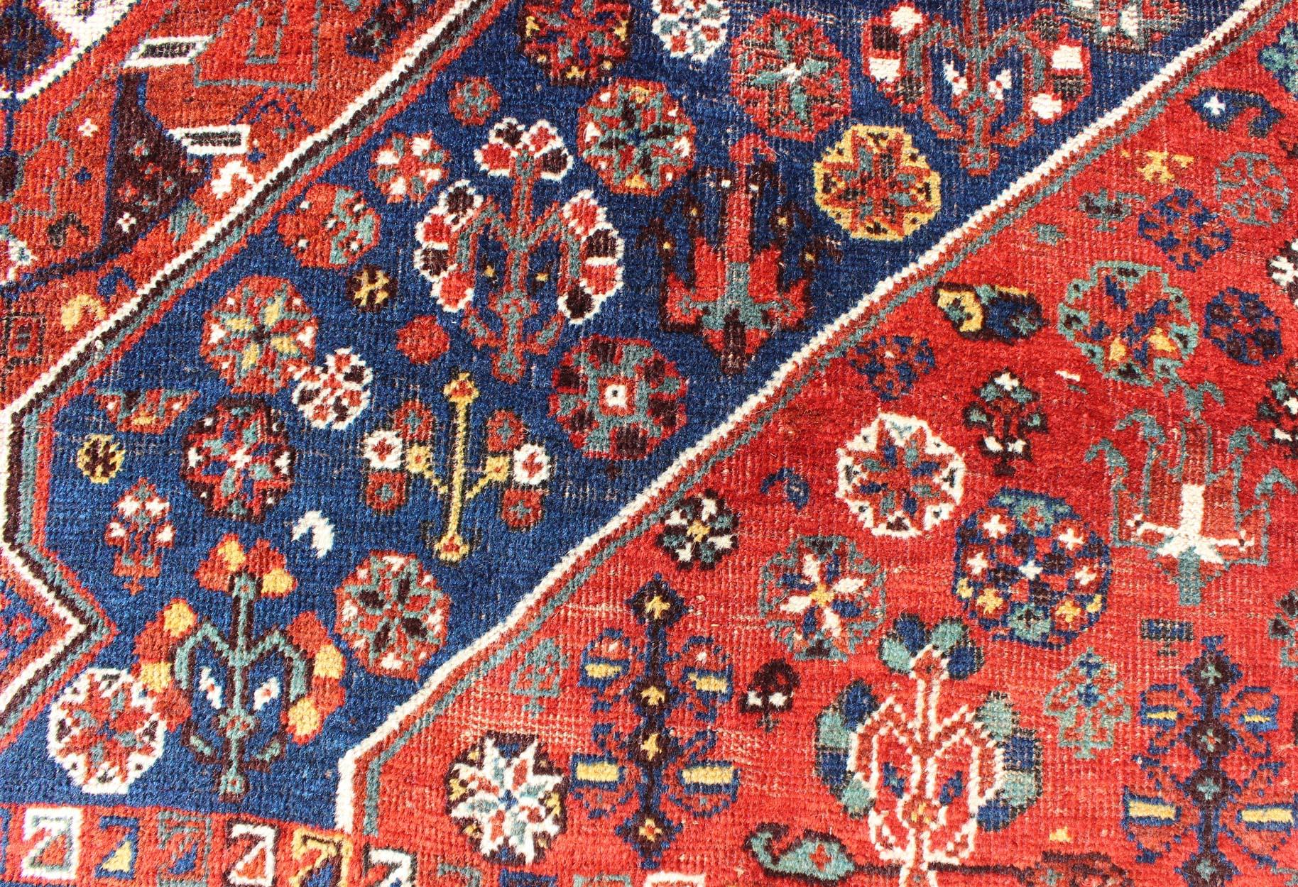 Antique Persian Shiraz Rug with Tri-Medallion Geometrics in Royal Blue and Red For Sale 1