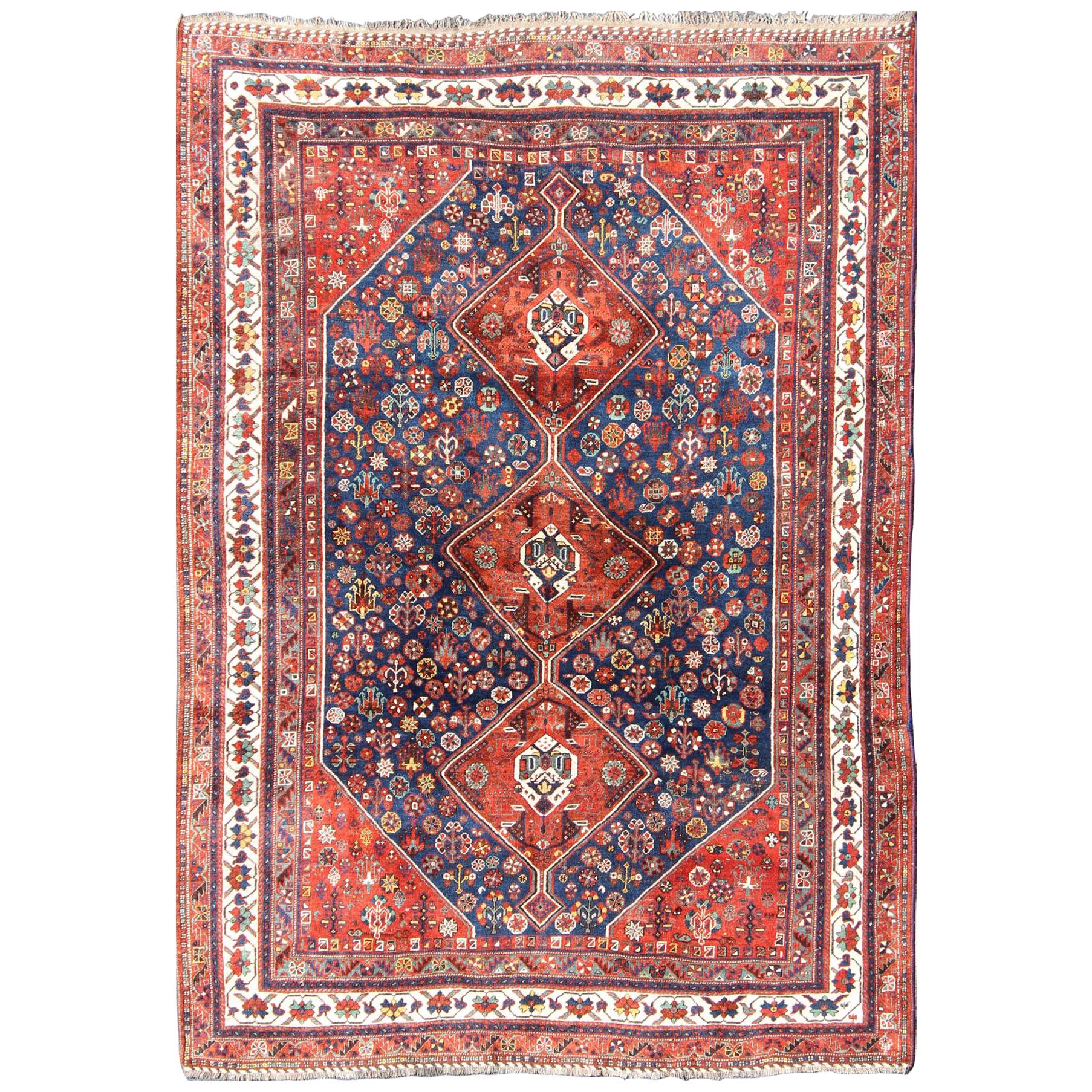 Antique Persian Shiraz Rug with Tri-Medallion Geometrics in Royal Blue and Red For Sale