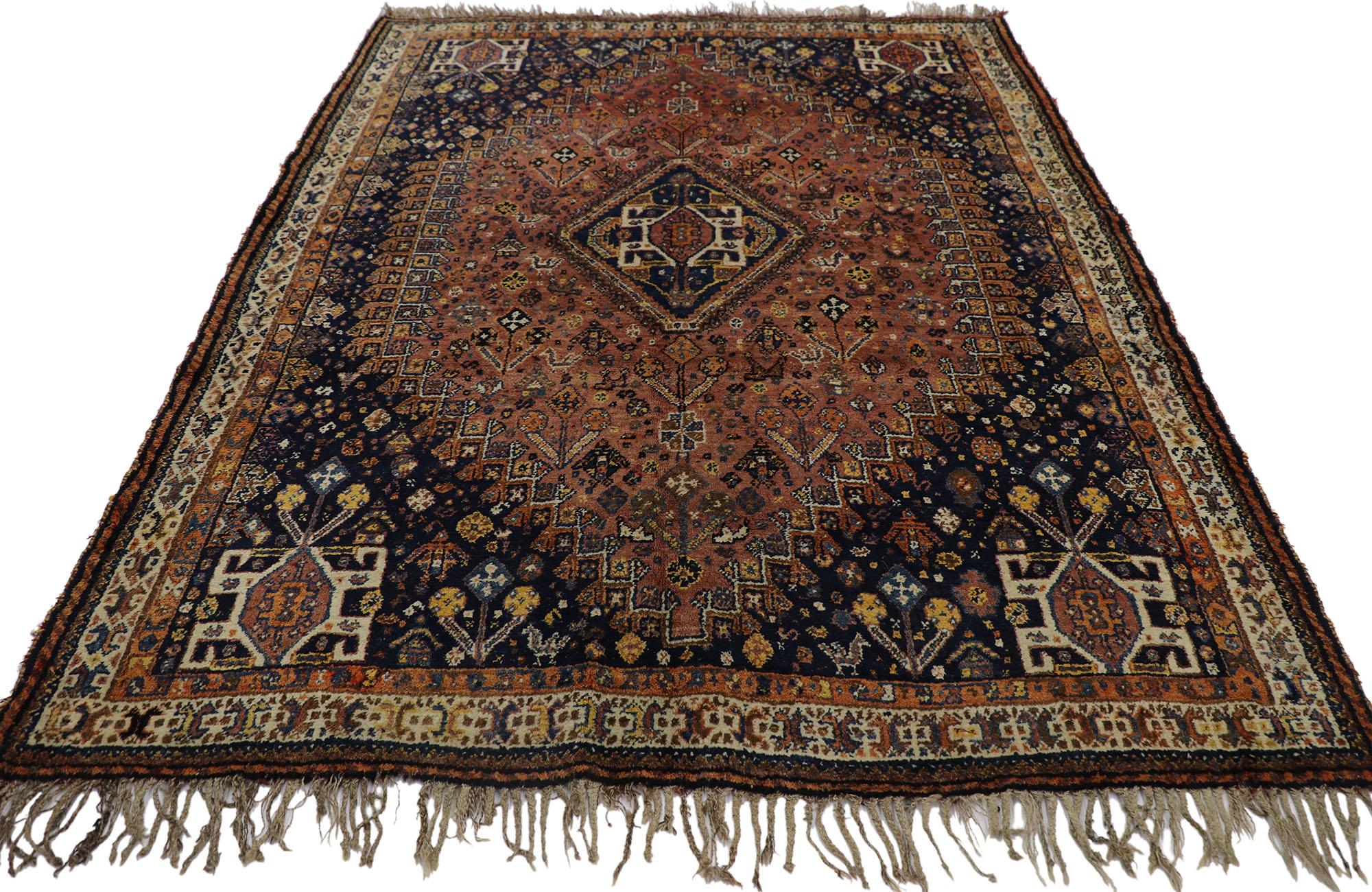 Hand-Knotted Antique Persian Shiraz Rug with Tribal Style For Sale