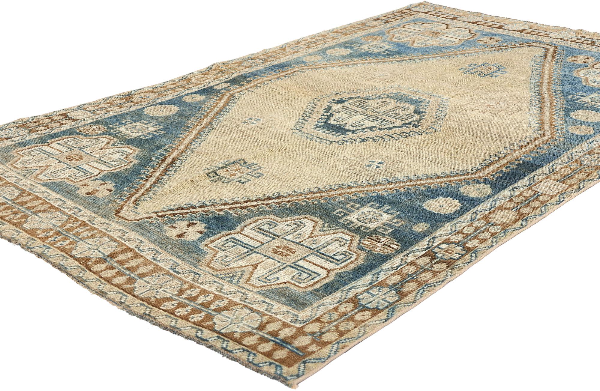 53771 Antique Blue Persian Shiraz Rug, 04'07 x 06'07. Antique-washed Persian Shiraz rugs are a variation of traditional Persian Shiraz rugs that undergo a special washing process to soften their colors and create a faded, worn, or vintage look,