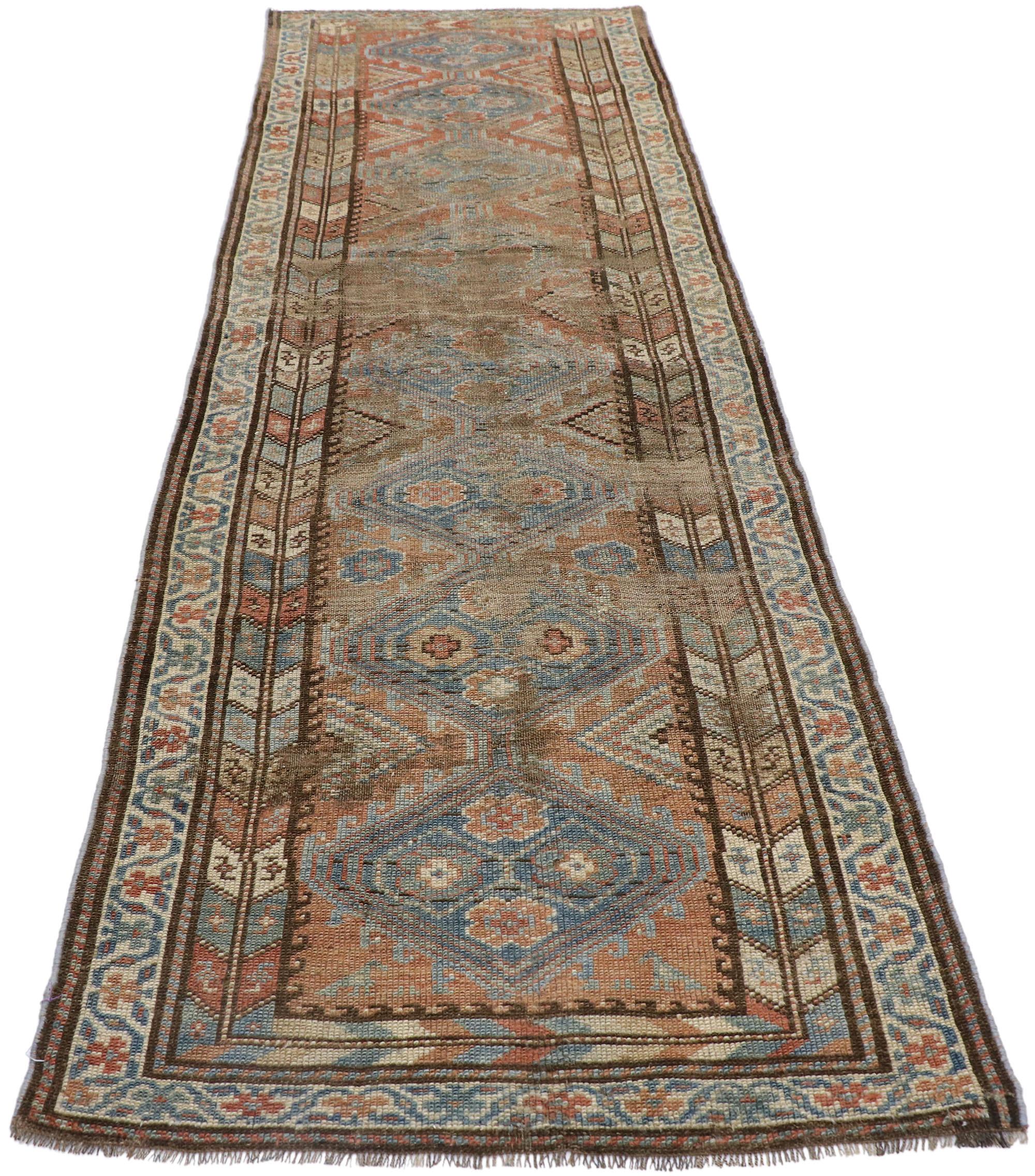 Hand-Knotted Antique Persian Shiraz Runner with Rustic Tribal Style For Sale