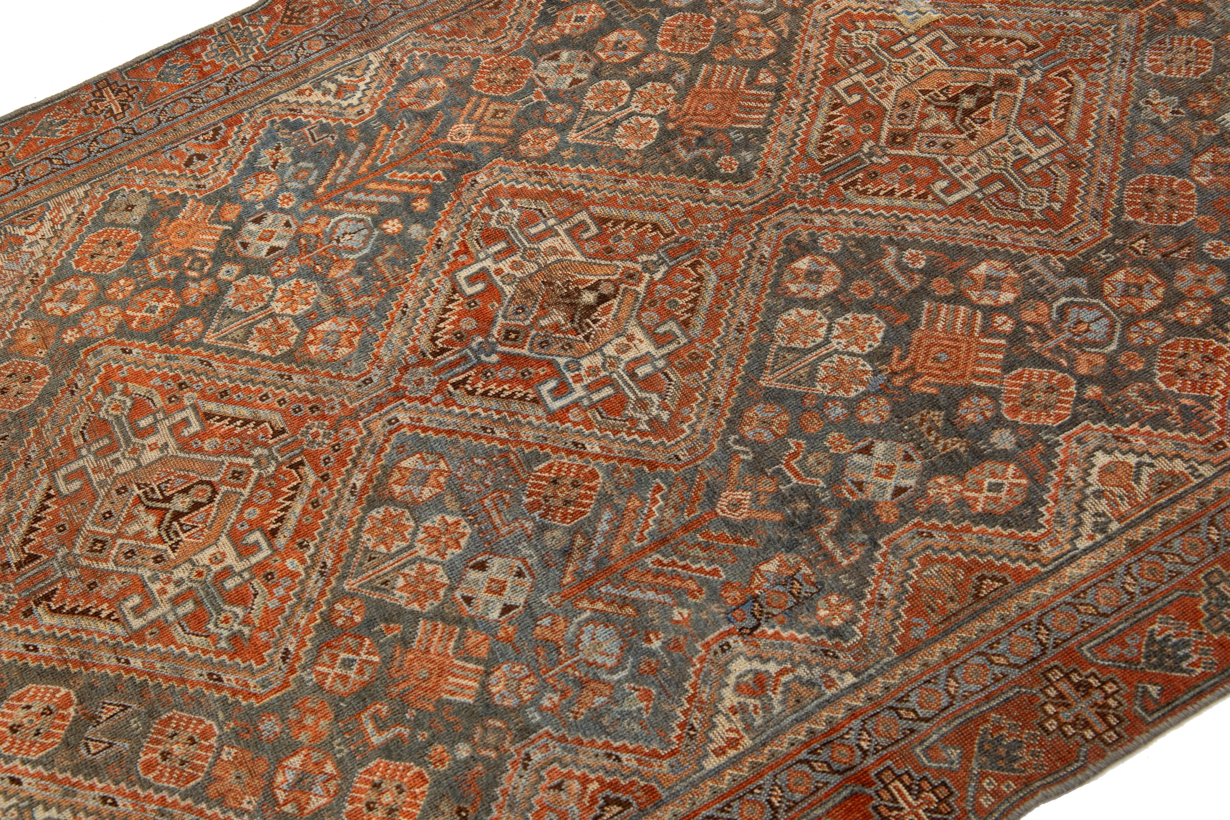 Islamic Antique Persian Shiraz Rust & Blue Wool Rug With Allover Design For Sale