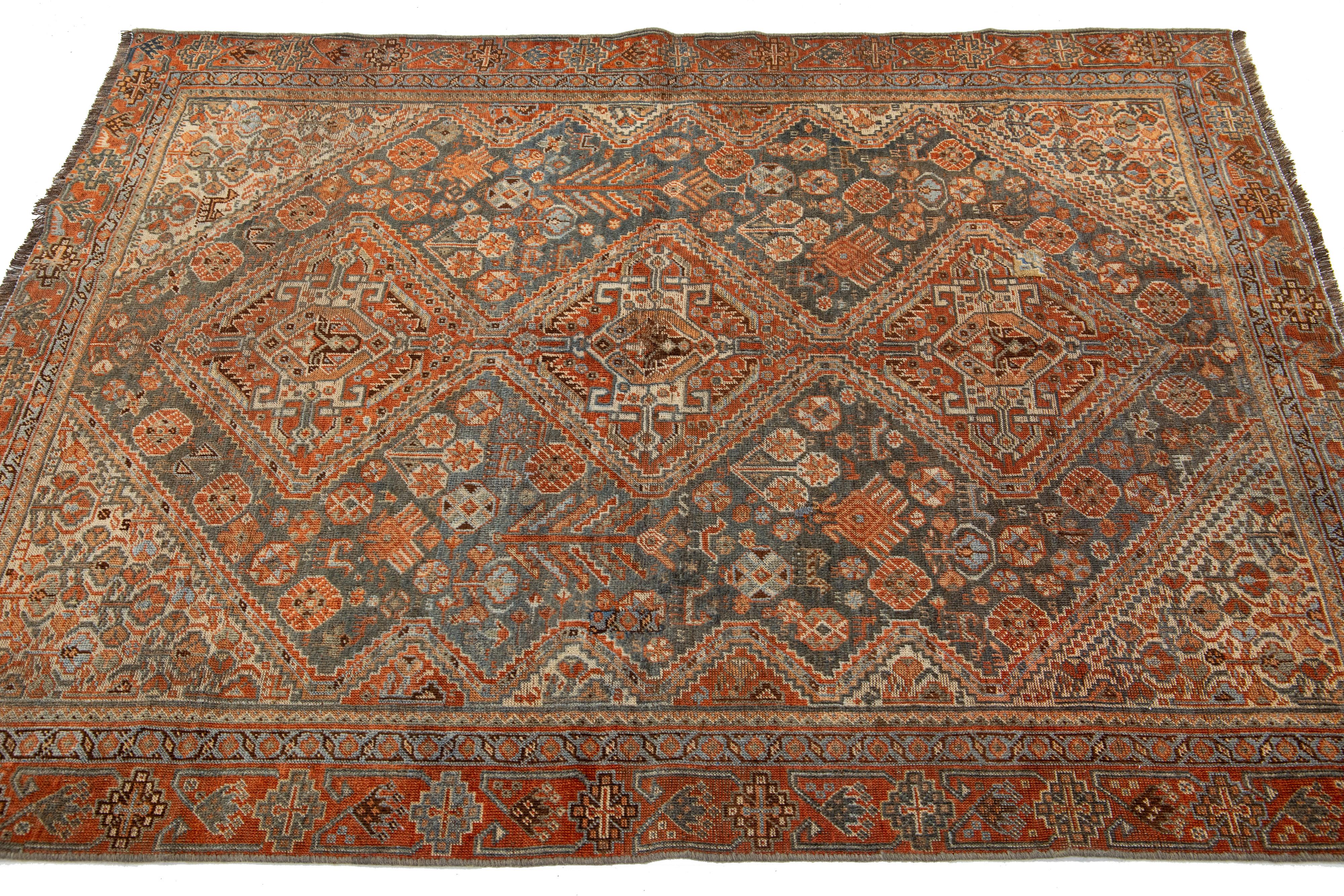 Hand-Knotted Antique Persian Shiraz Rust & Blue Wool Rug With Allover Design For Sale