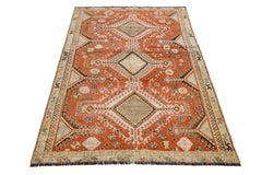 Antique Persian Shiraz Rust- Orange Wool Rug With Tribal Design