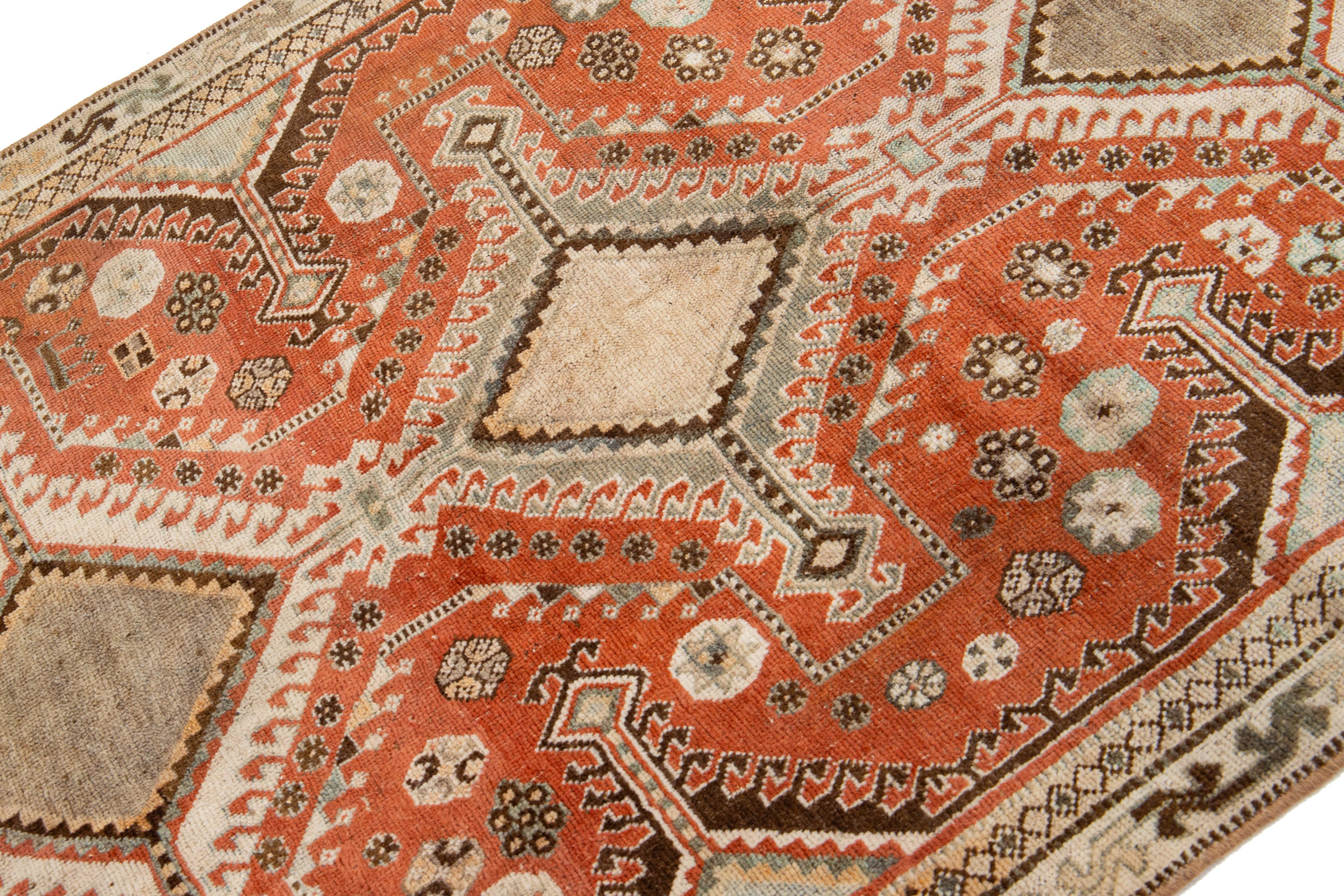 Islamic Antique Persian Shiraz Rust- Orange Wool Rug With Tribal Design For Sale