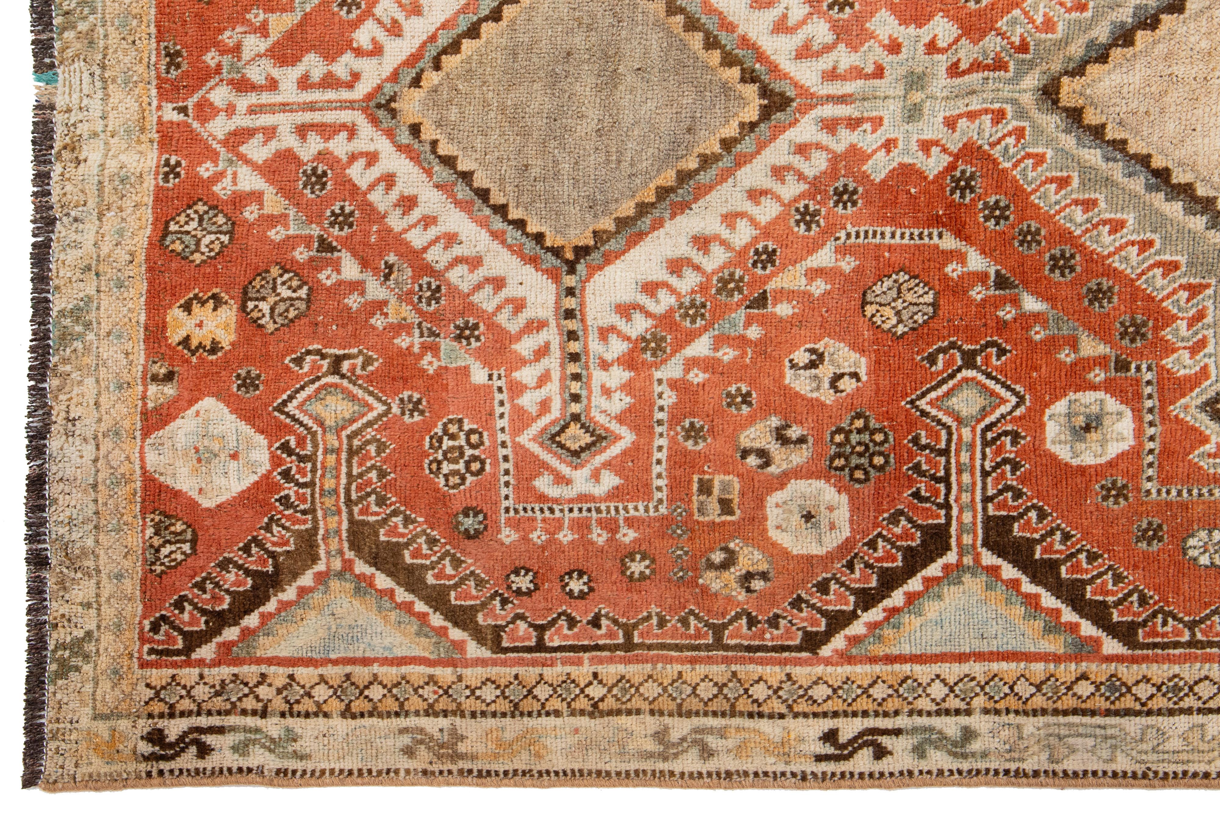 Antique Persian Shiraz Rust- Orange Wool Rug With Tribal Design In Good Condition For Sale In Norwalk, CT