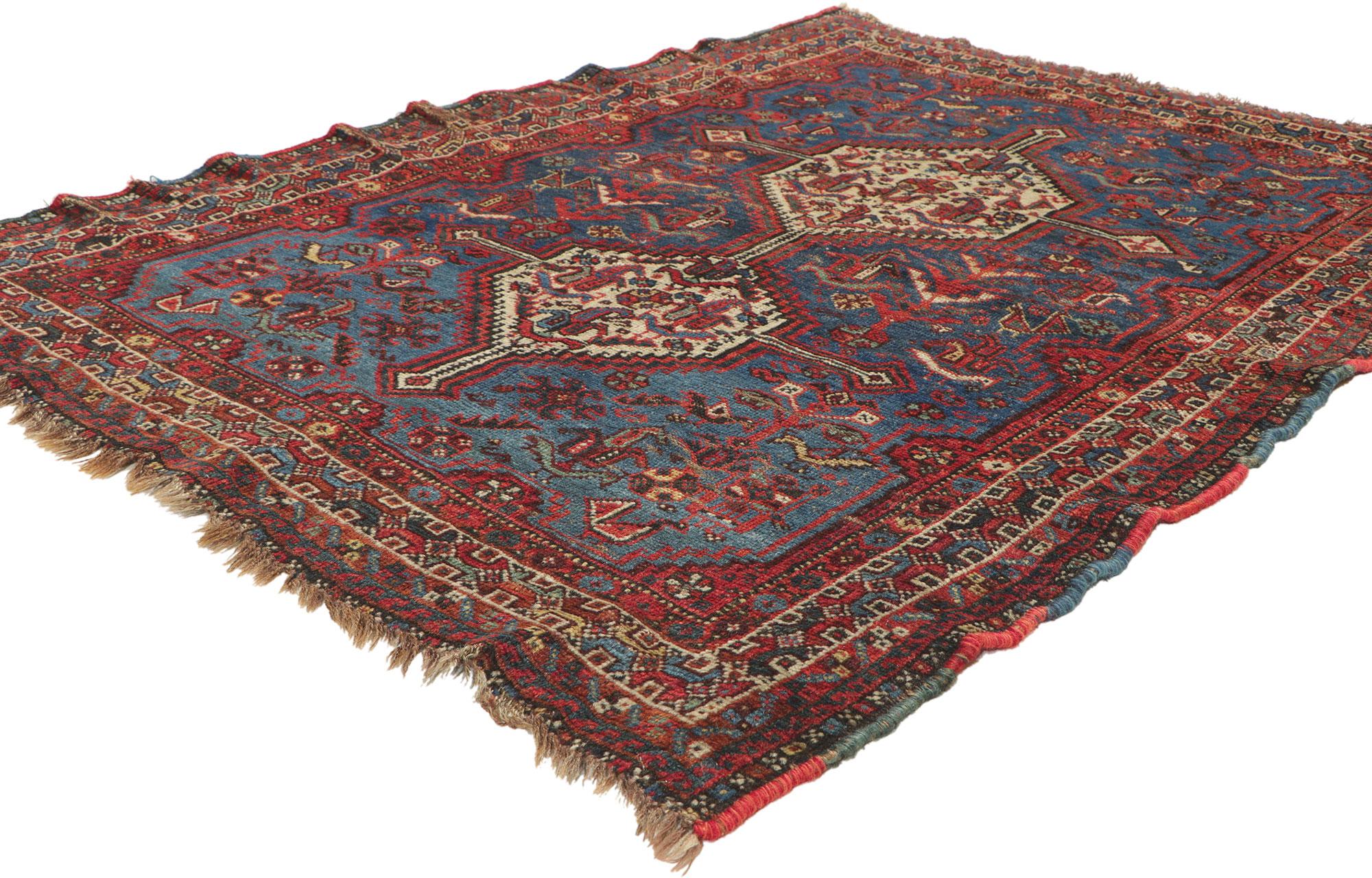 78519 Antique Persian Shiraz Rug, 03'07 x 04'10. Emanating nomadic charm with incredible detail and texture, this hand knotted wool antique Persian Shiraz rug is a captivating vision of woven beauty. The eye-catching tribal design and sophisticated