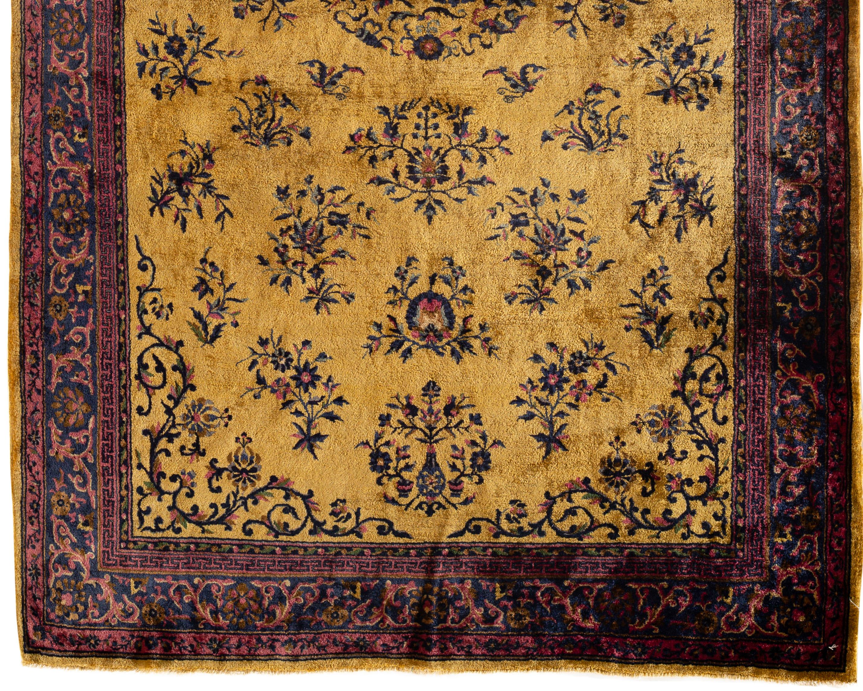 Antique Persian Silk Kashan, circa 1900. Finely woven in luxurious silk the detail and the yellow ground together shimmer that will create an opulent look in an area.